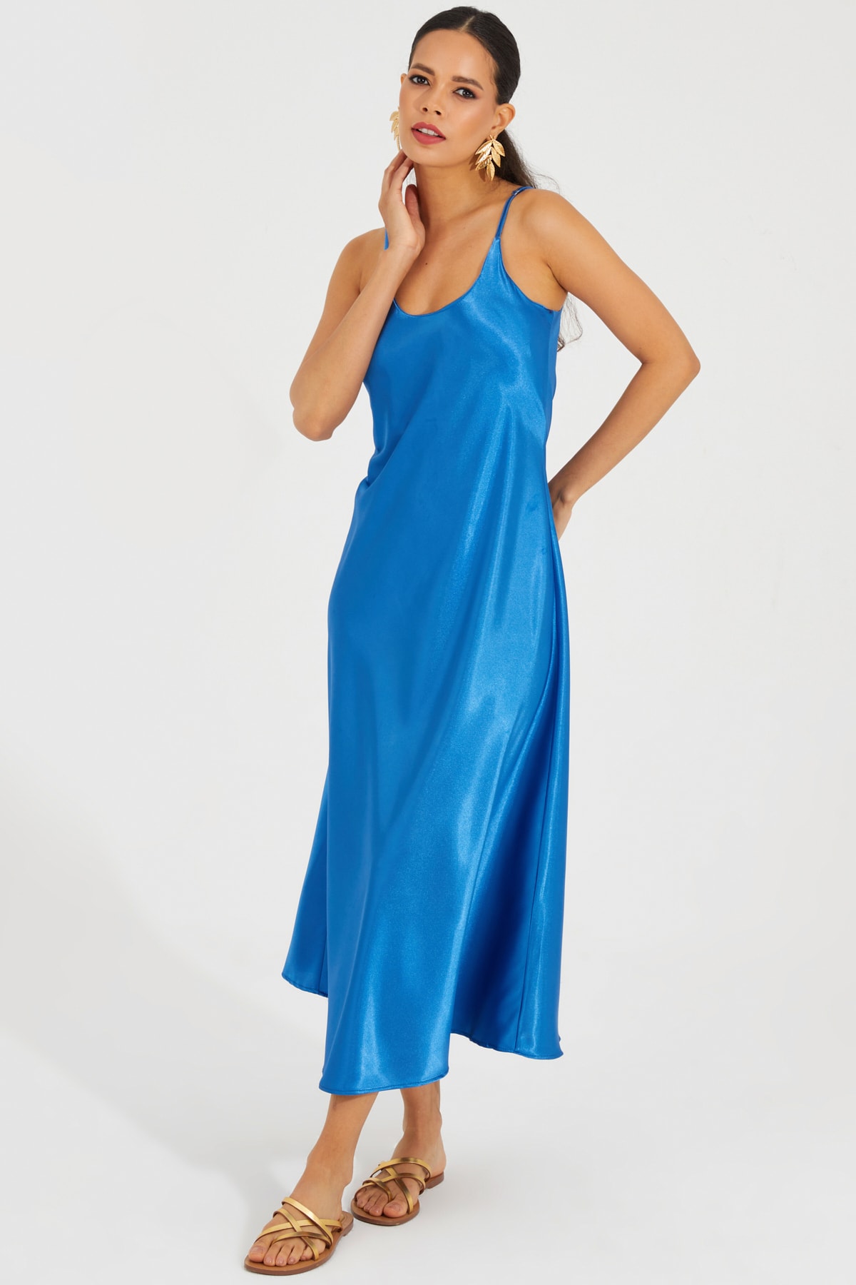Levně Cool & Sexy Women's Indigo Satin Strap Midi Dress