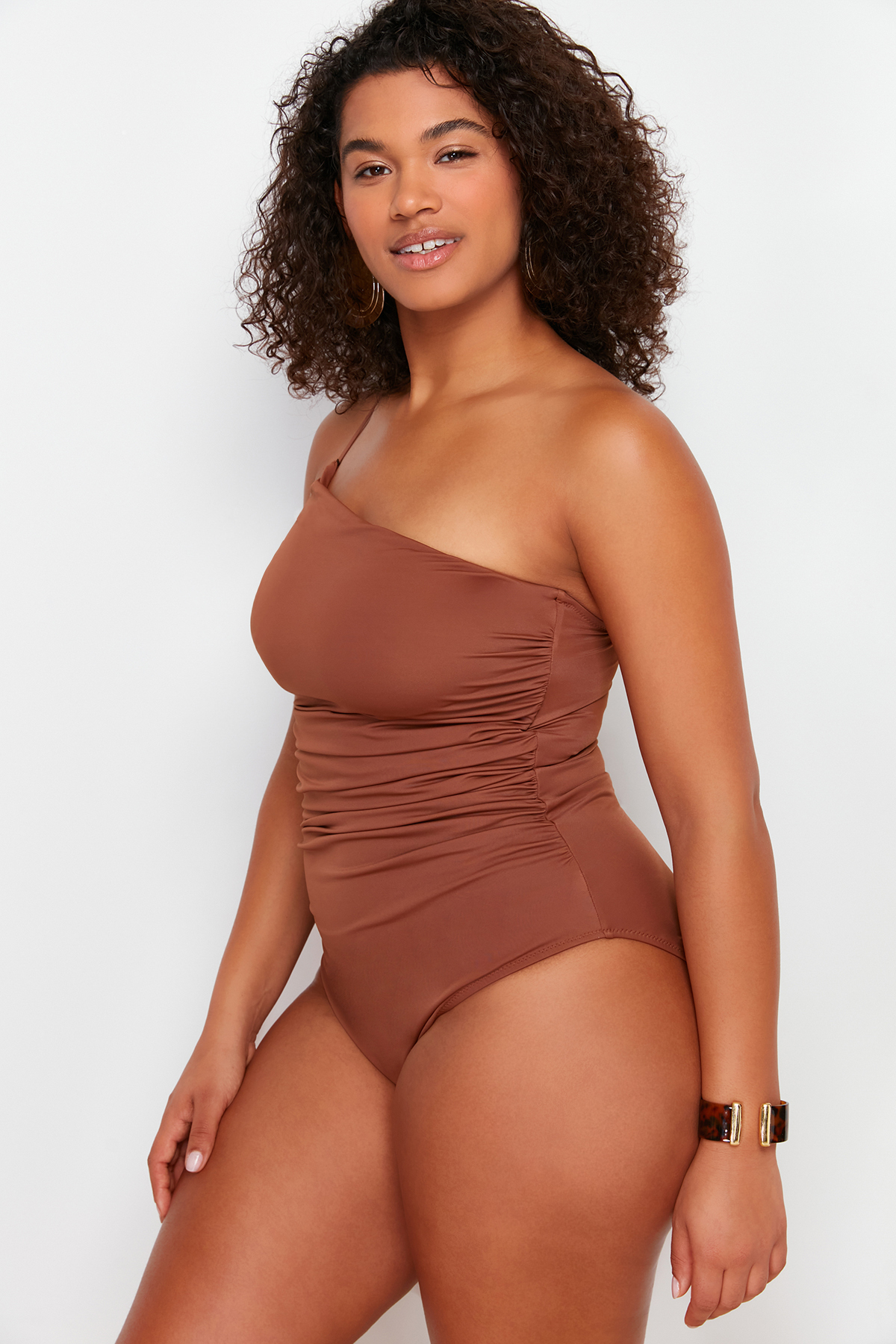 Trendyol Curve Brown One Shoulder Swimsuit