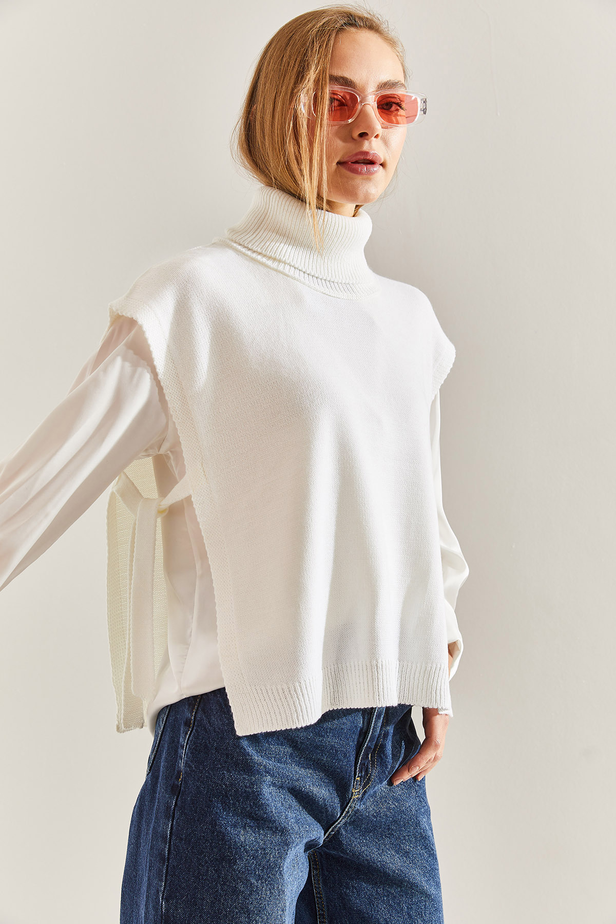 Bianco Lucci Women's Turtleneck Belt Tie Knitwear Sweater