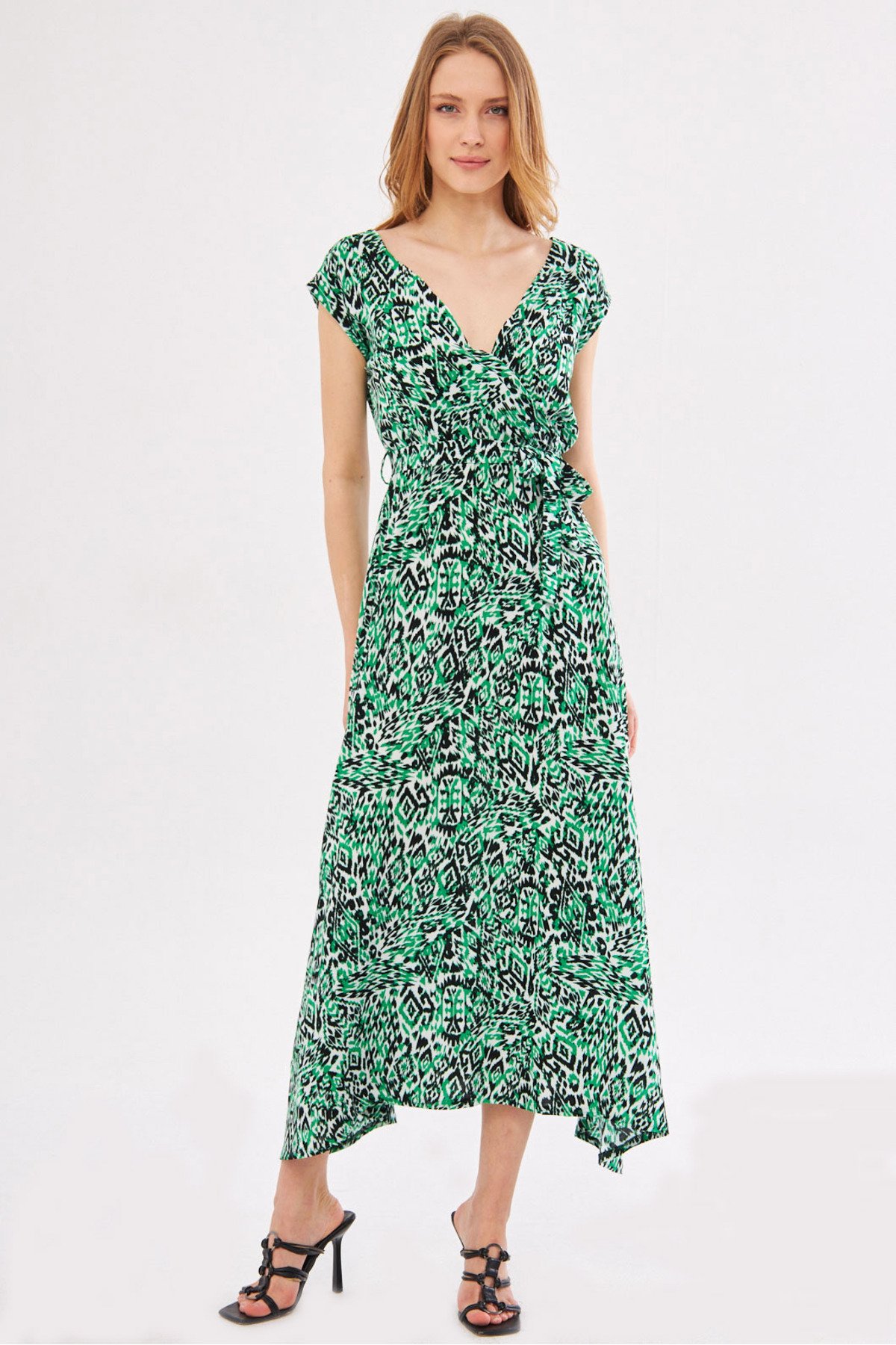 Levně armonika Women's Green Efta Dress Back And Front Double Double Breasted Belted Patterned Midi Length