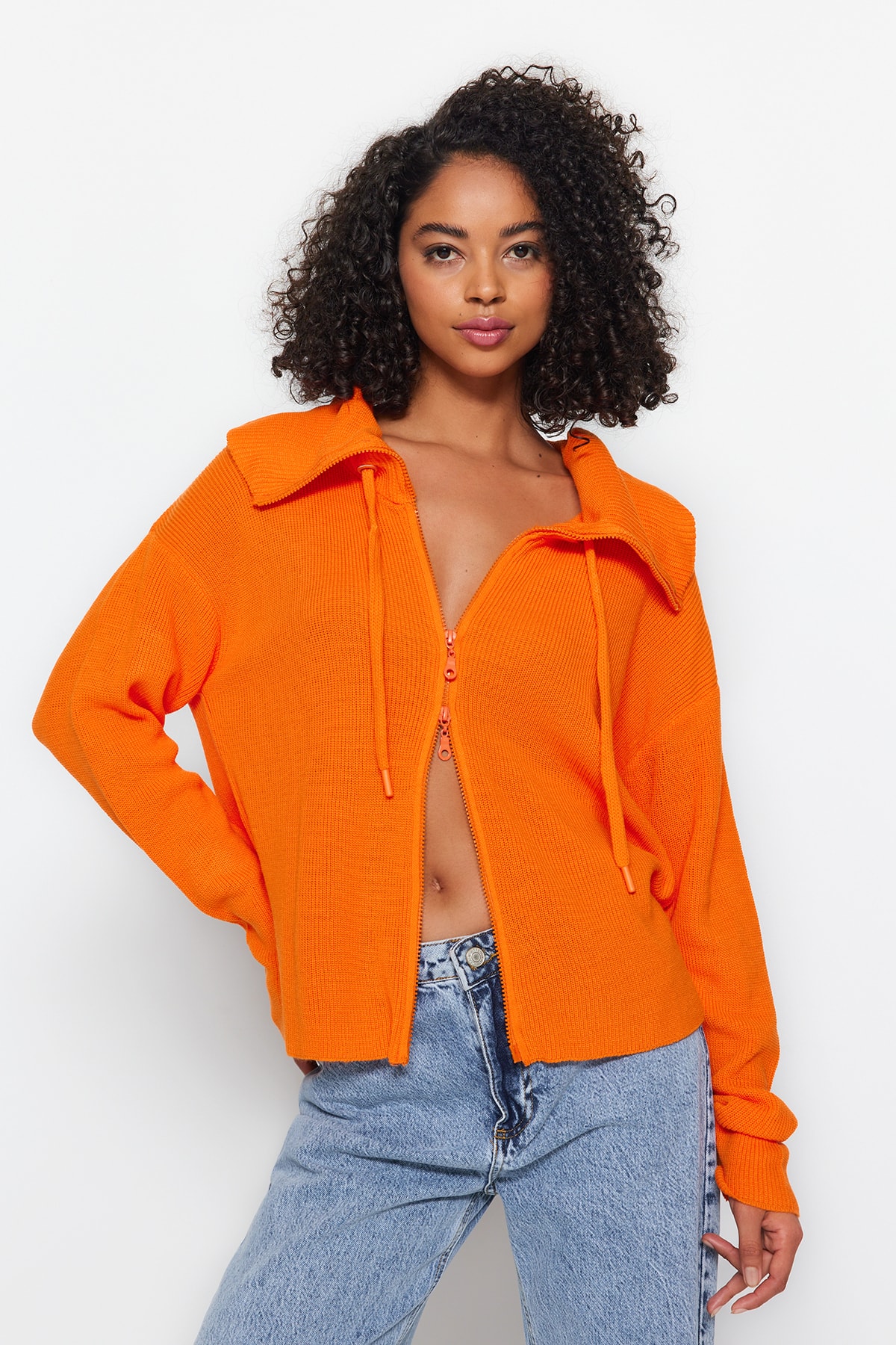 Trendyol Orange Zipper Detailed Knitwear Cardigan