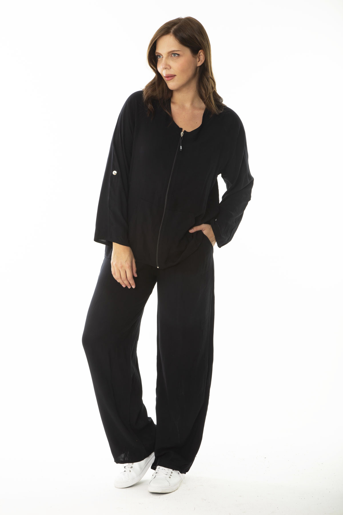 Şans Women's Plus Size Black Front Zippered Cardigan with Adjustable Sleeves Pants Double Suit