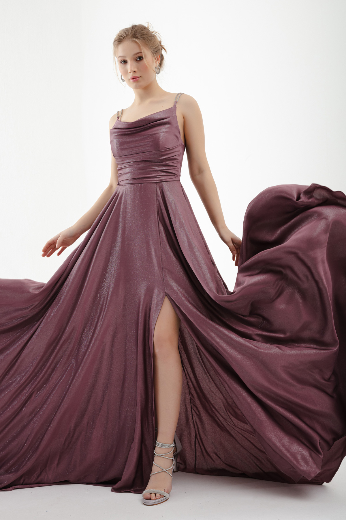 Levně Lafaba Women's Lavender Stone Strap Draped Flared Cut Long Evening Dress