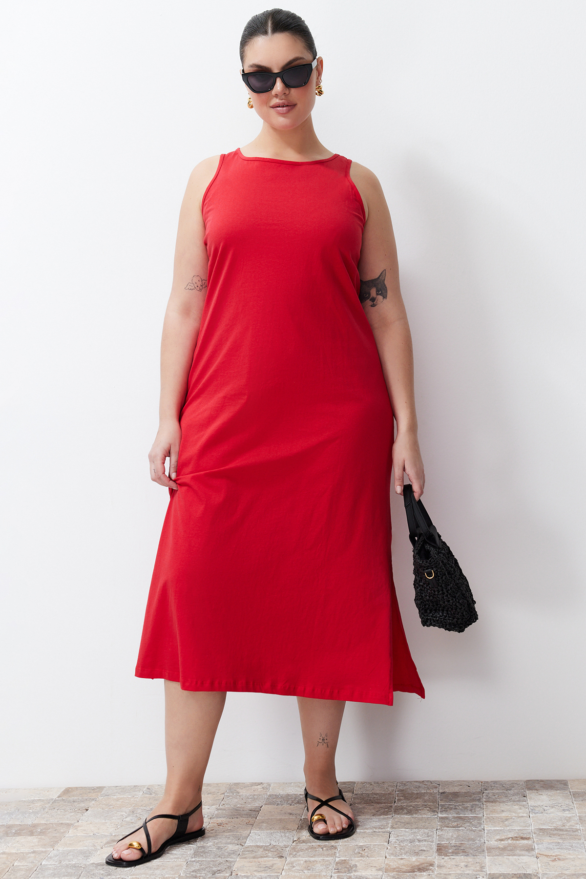 Trendyol Curve Red Single Jersey Summer 100% Cotton Knitted Plus Size Dress