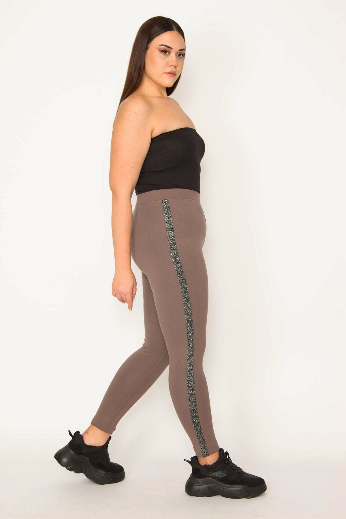 Levně Şans Women's Large Size Mink Steel Viscose Fabric Leggings Trousers with Glitter Detail on the Sides