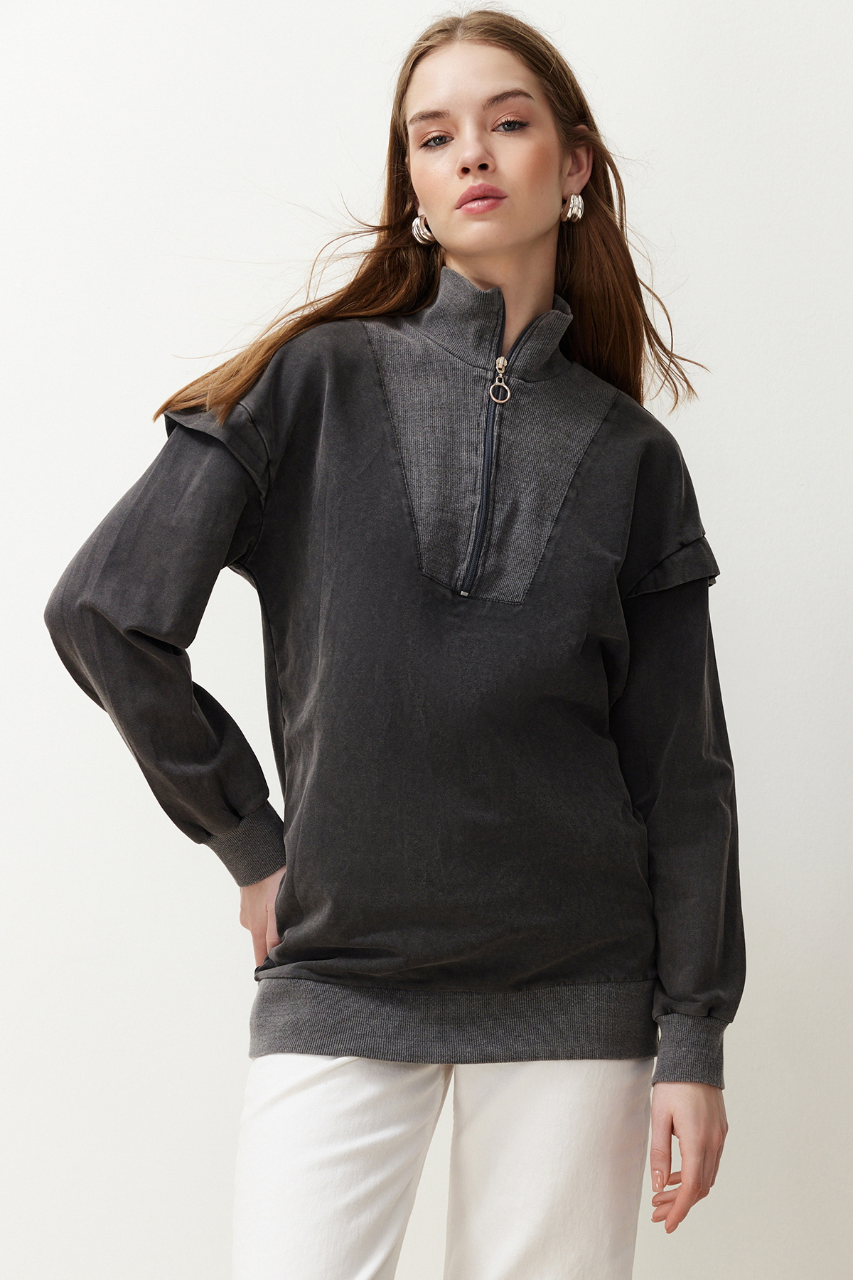 Trendyol Anthracite Collar Zipper Detailed Knitted Sweatshirt Tunic