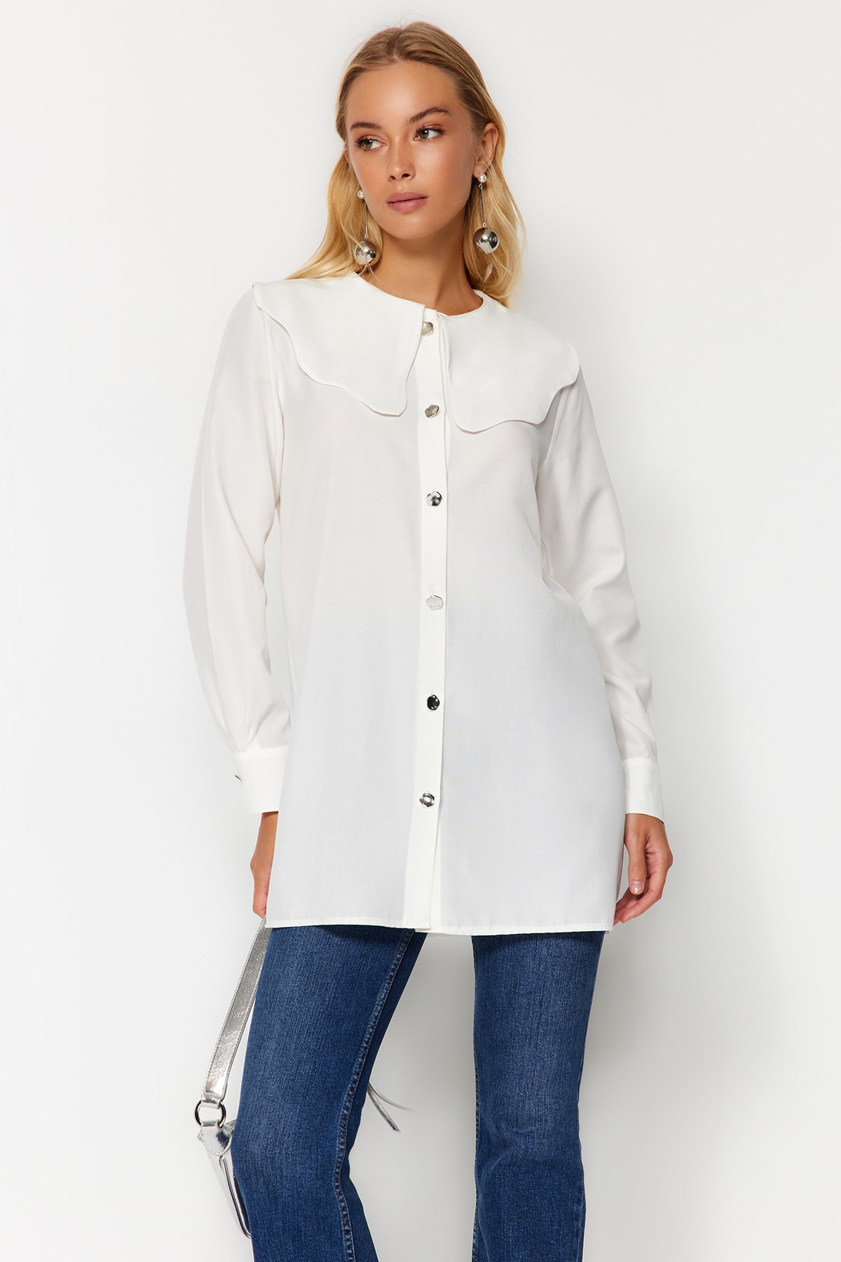Levně Trendyol White Silver Button Detailed Baby Collar Cotton Shirt
