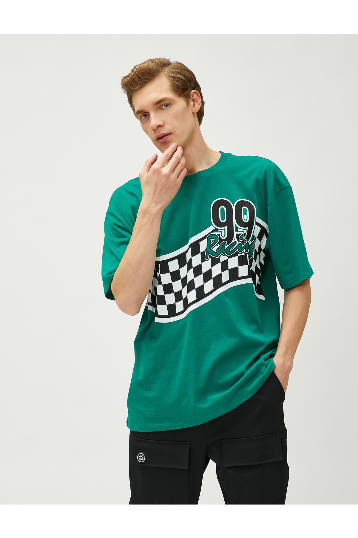 Koton Oversize T-Shirt with Printed Racing Theme, Crew Neck Cotton
