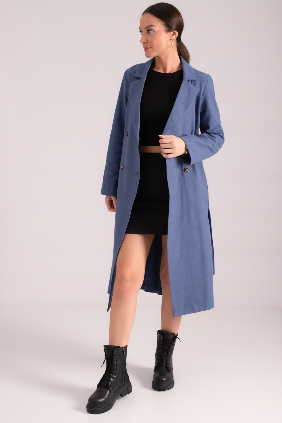 Levně armonika Women's Dark Blue Double Breasted Collar Waist Belted Long Trench Coat