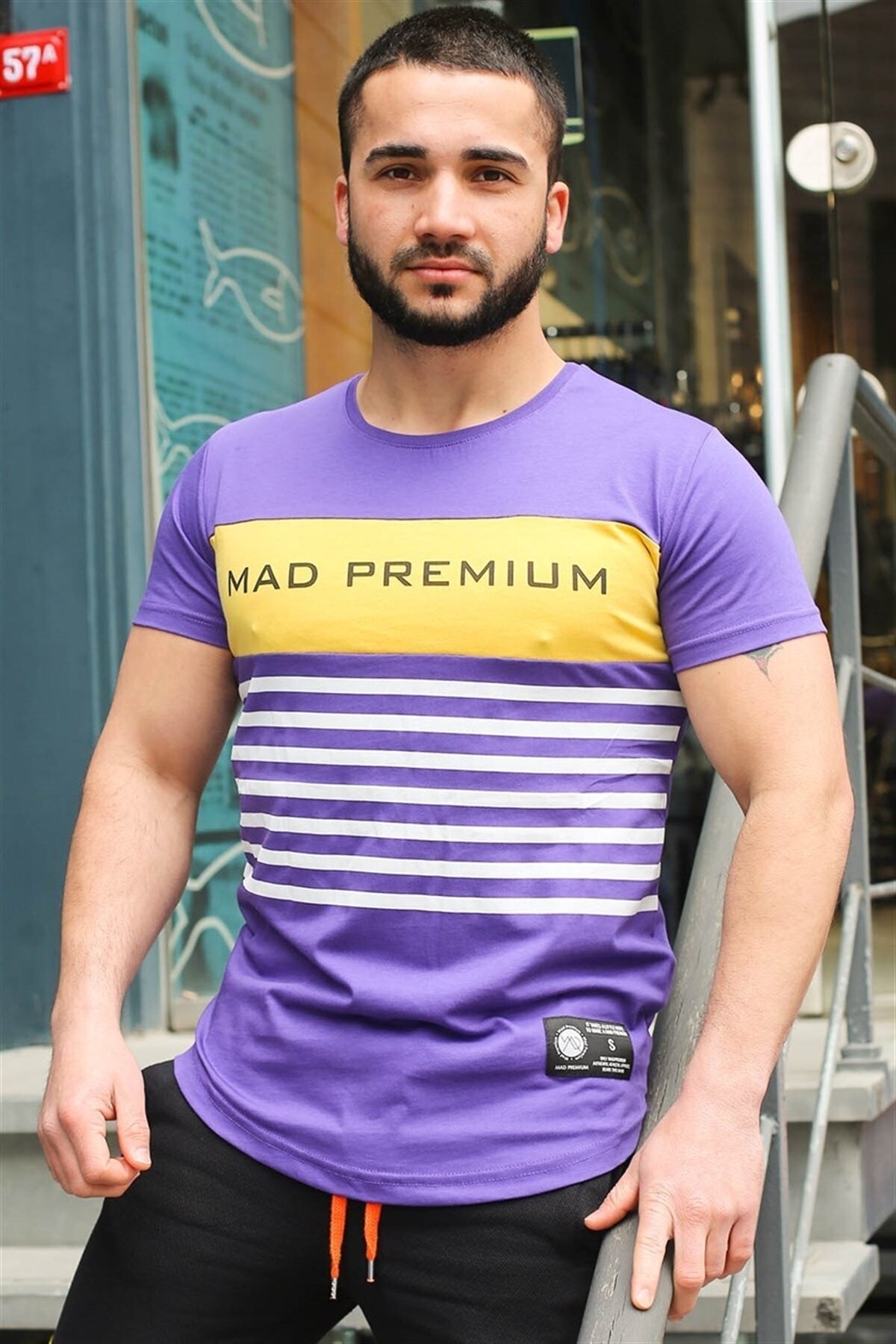 Levně Madmext Line Detail Printed Purple T-Shirt 3041