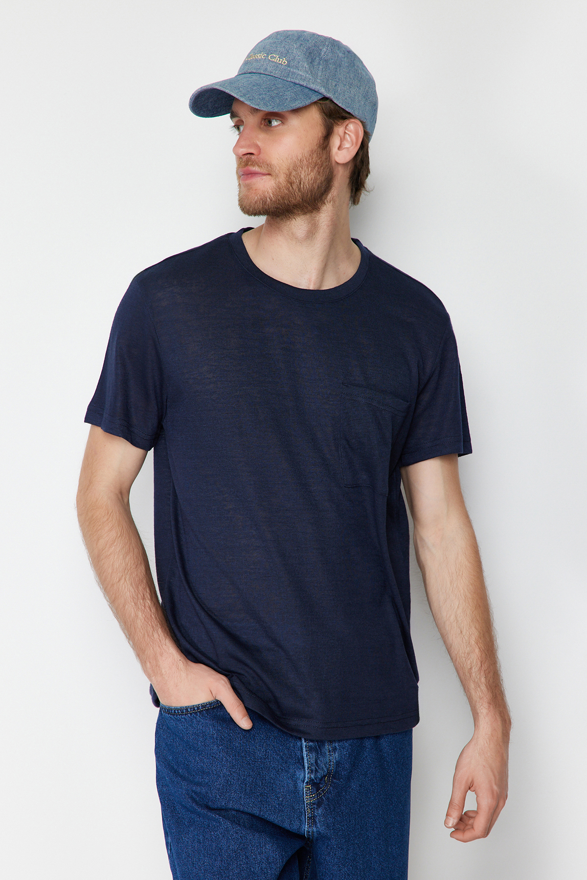 Levně Trendyol Navy Blue Regular/Normal Fit Pocket Linen Look Short Sleeve T-Shirt