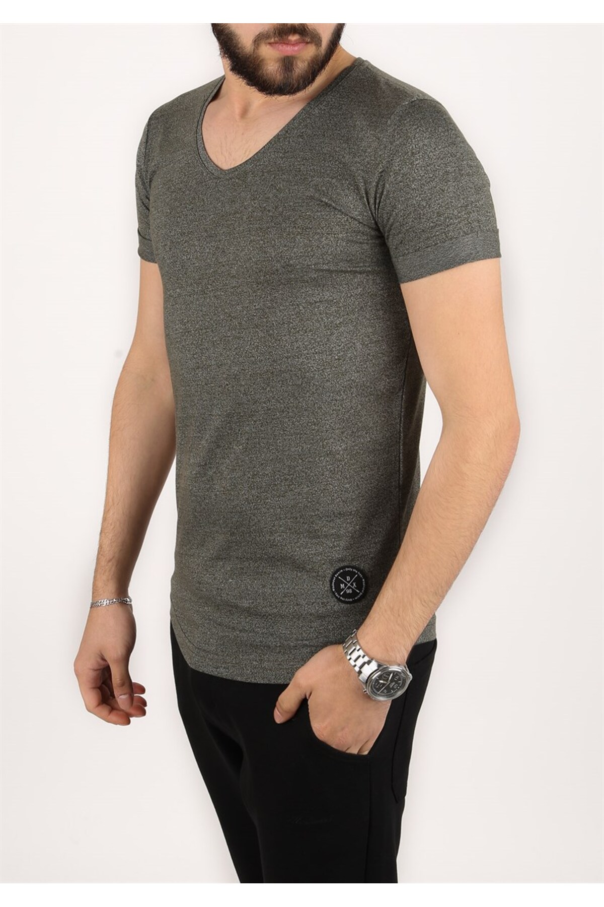 Levně Madmext V-neck Khaki T-Shirt 2301