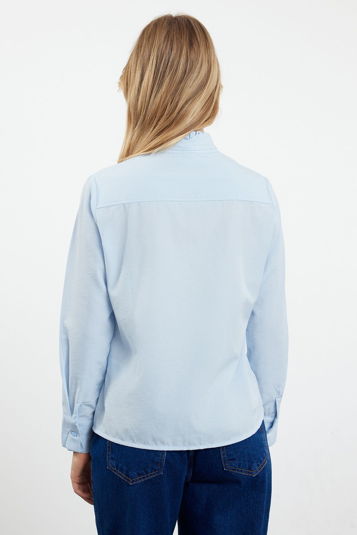 Trendyol Blue Regular Fit Woven Shirt with Closed Collar Ruffle Detail