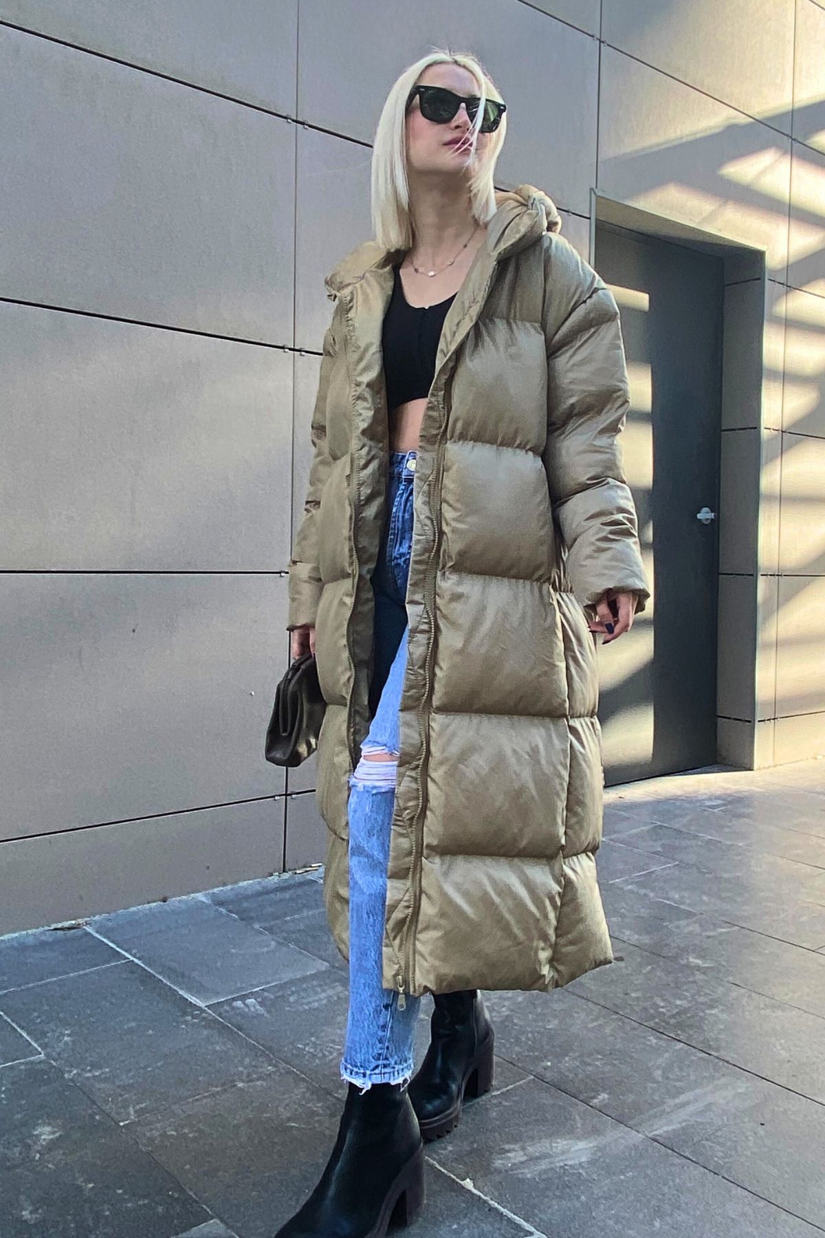 Madmext Mad Girls khaki dlouhá péřová bunda