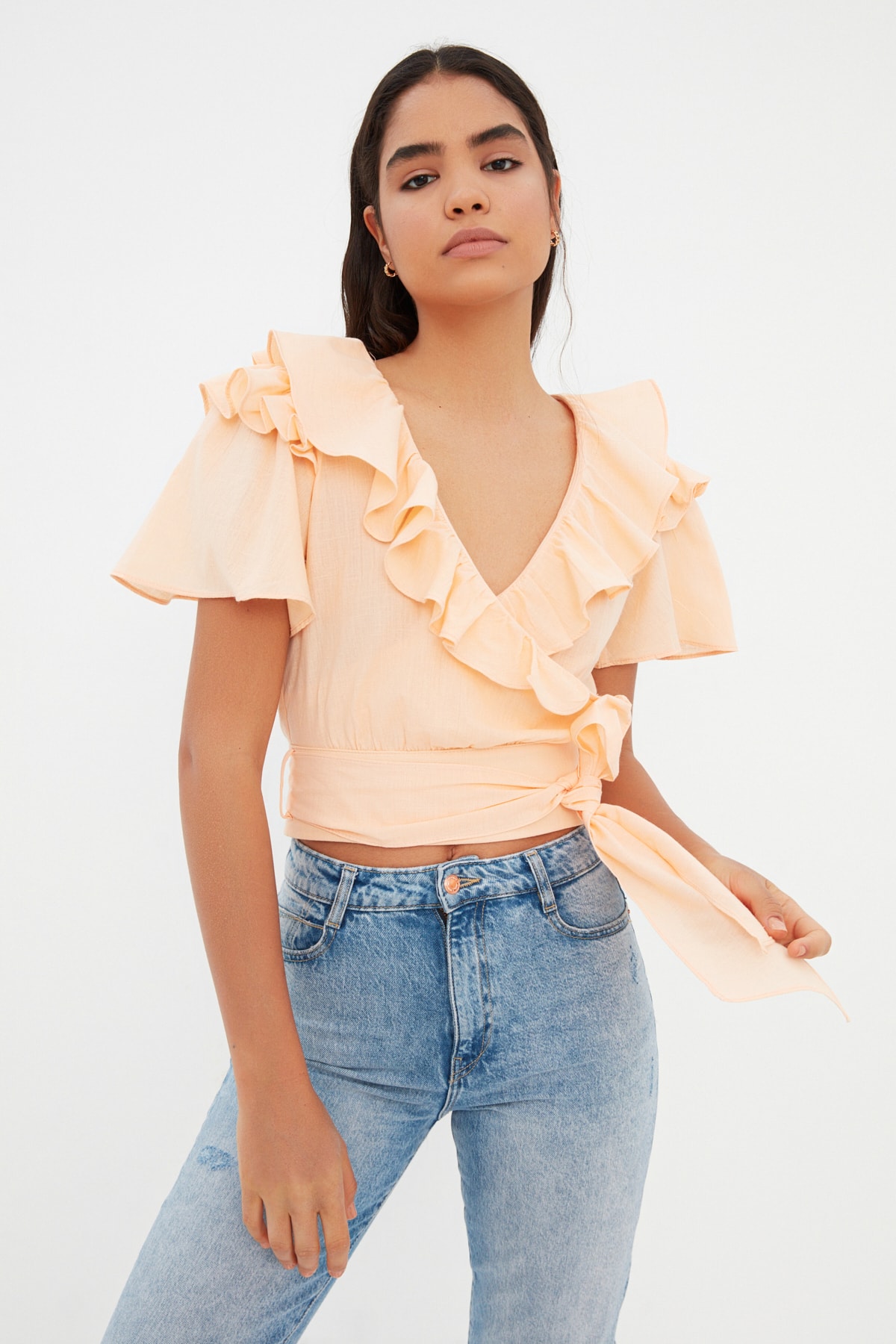 Trendyol Salmon Belt, Woven Flounce Detailed Blouse