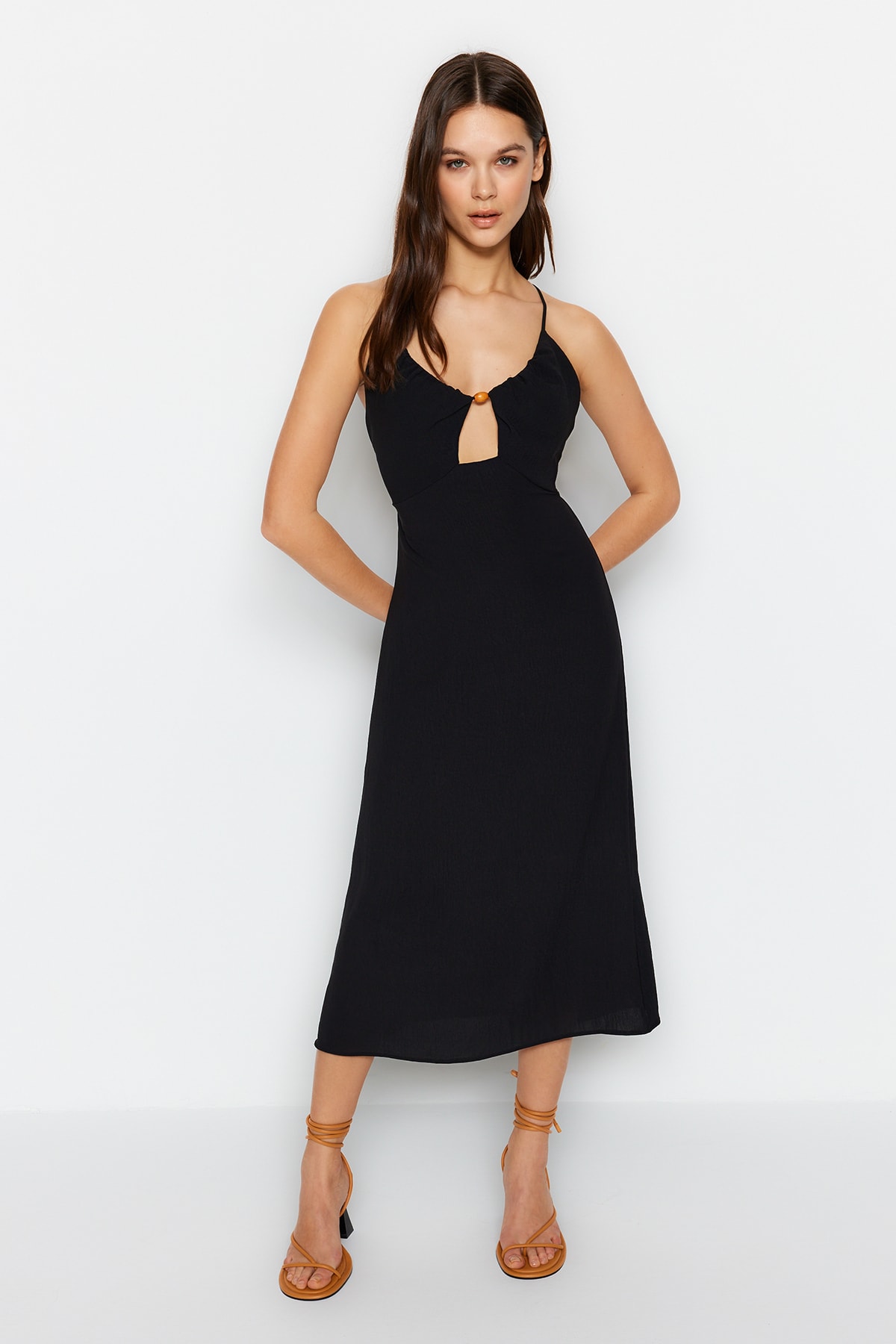 Trendyol Black Fitted Waist Midi Woven Dress With Window Detail