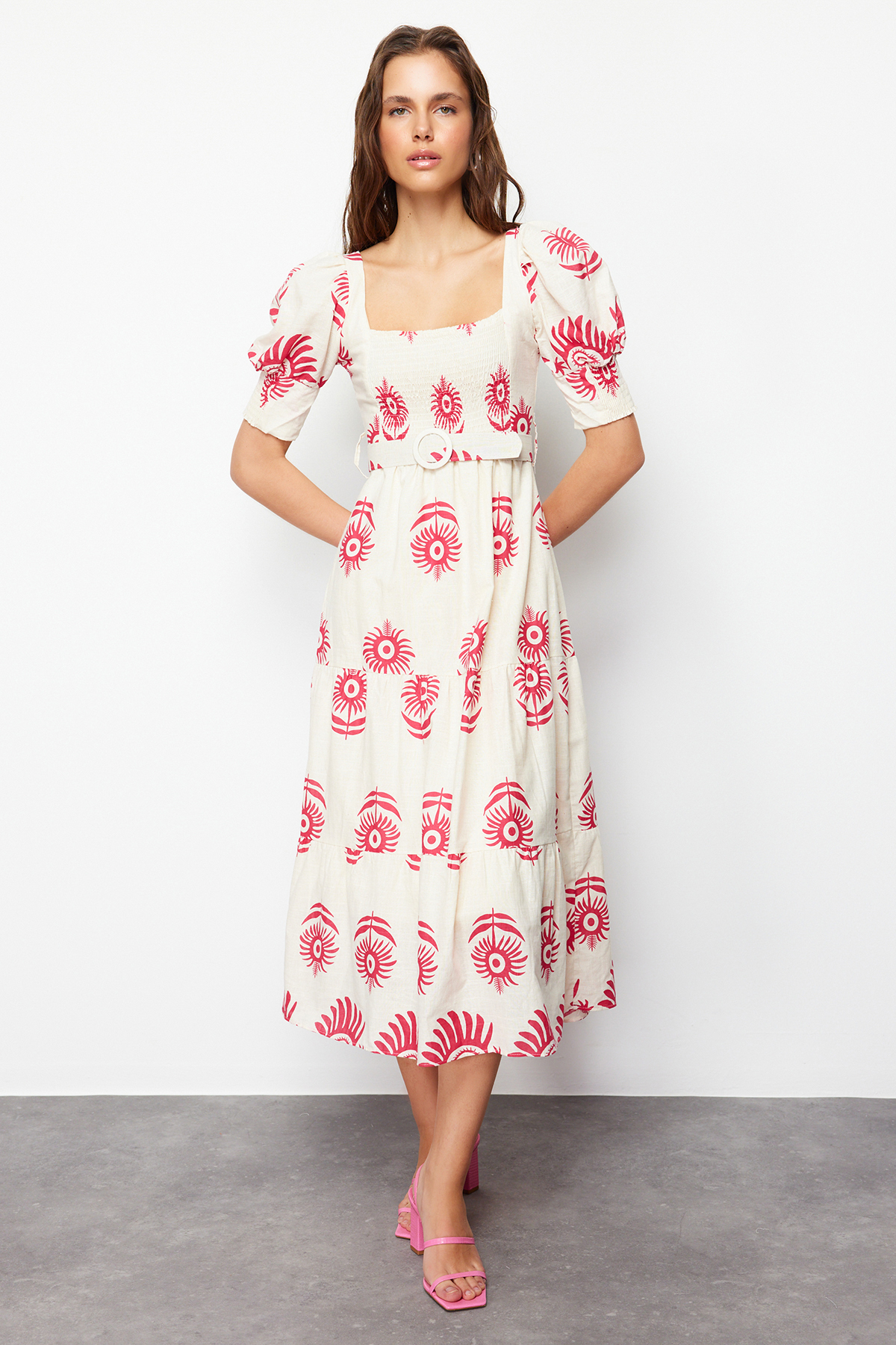 Trendyol Pink Patterned Square Neck Linen Look Belted Midi Woven Dress