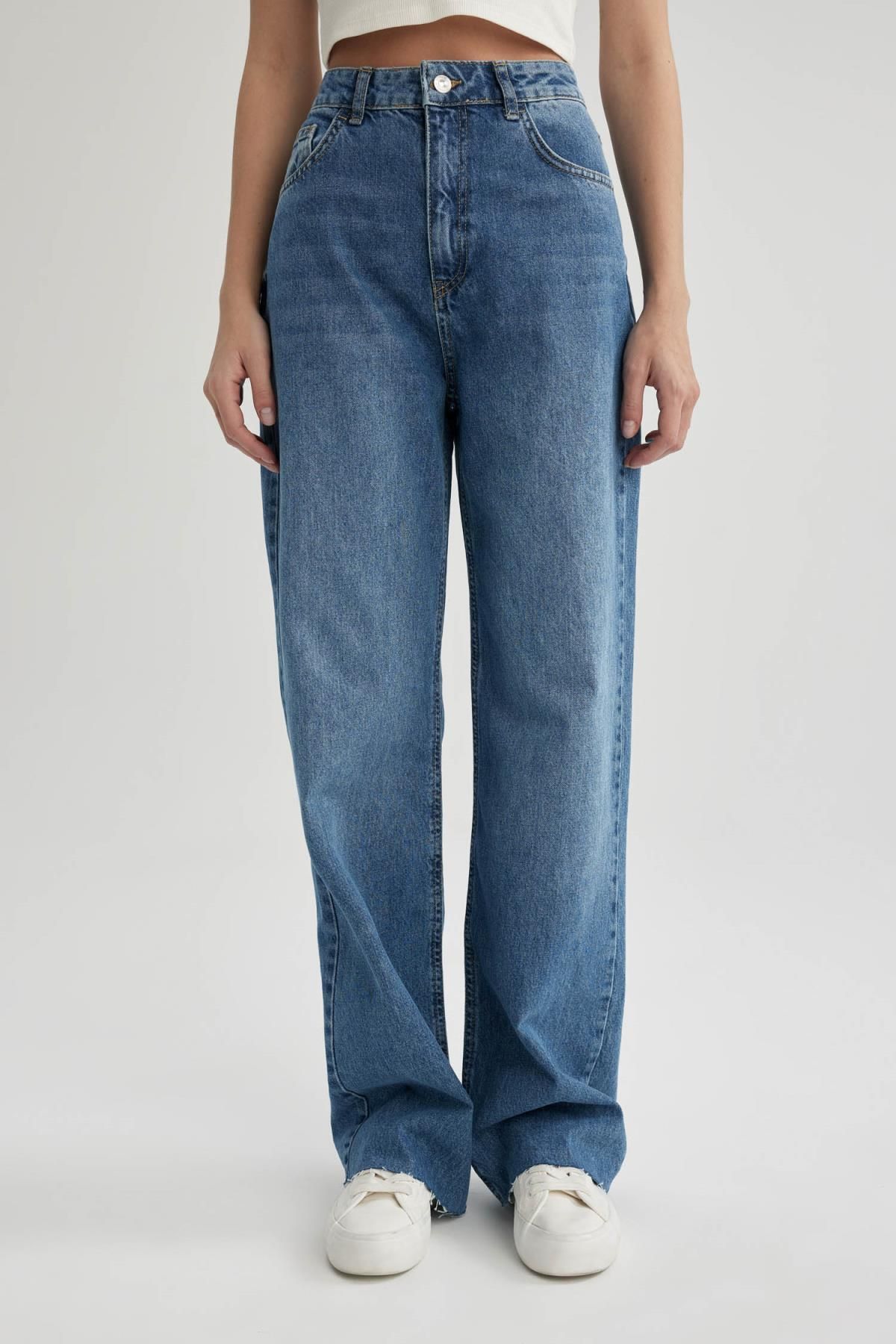 DEFACTO 90's Wide Leg High Waist Cutaway Long Jean Washed Trousers