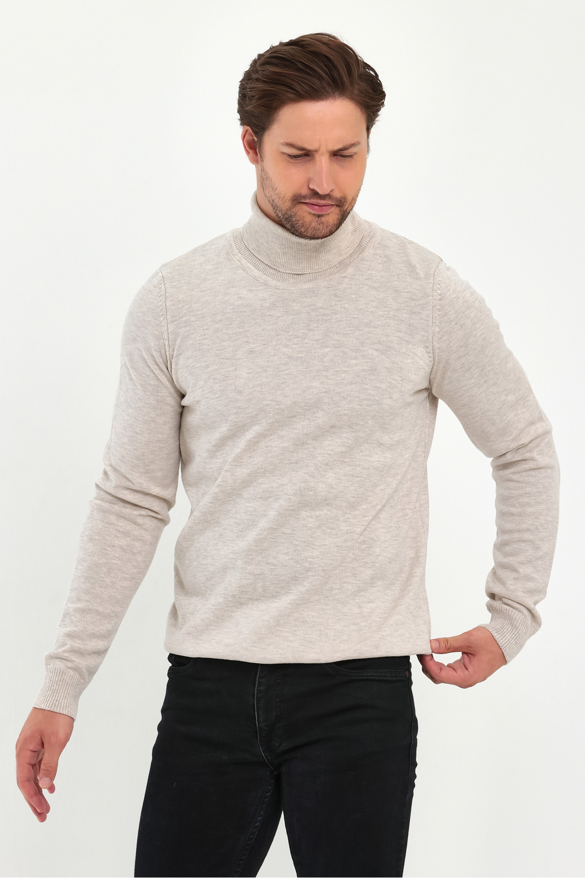 Levně Lafaba Men's Beige Turtleneck Basic Knitwear Sweater