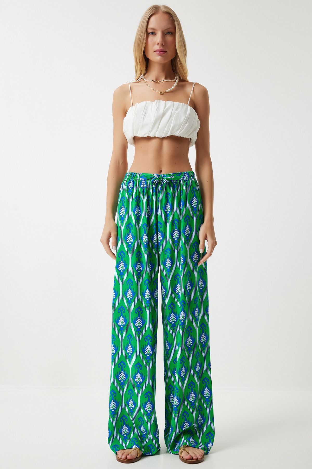 Happiness İstanbul Women's Green Blue Patterned Loose Viscose Palazzo Trousers