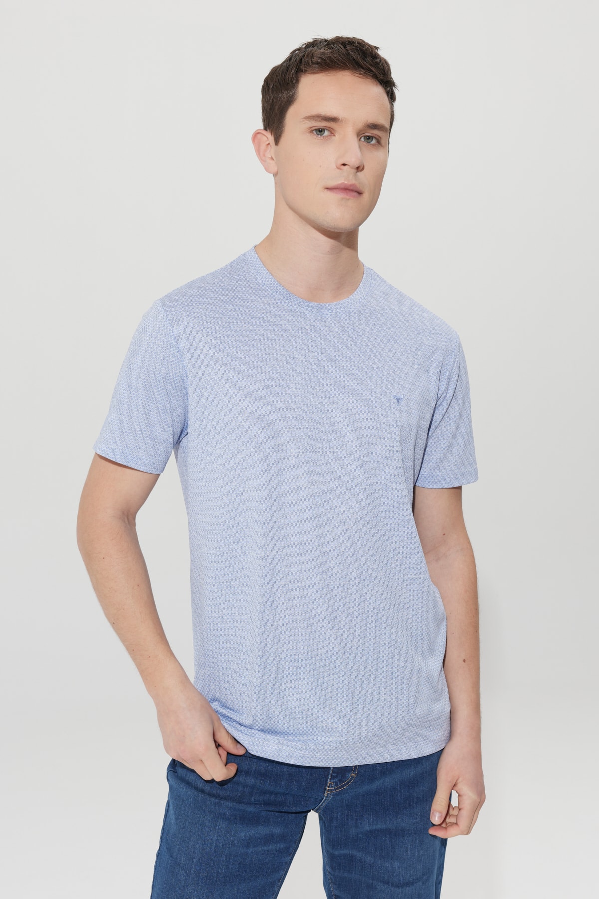 Levně AC&Co / Altınyıldız Classics Men's Blue-white Easy-Iron Slim Fit Slim-Fit Crew Neck Jacquard T-Shirt