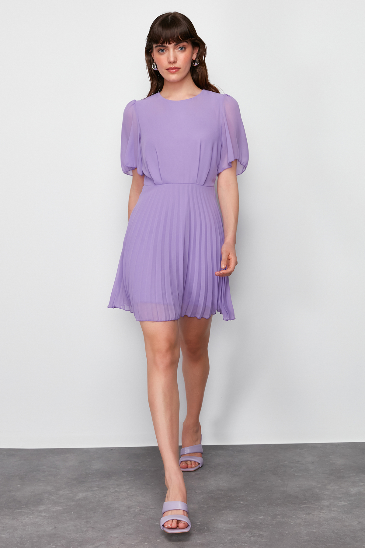 Levně Trendyol Purple Skirt Pleated Lined Chiffon Woven Mini Dress