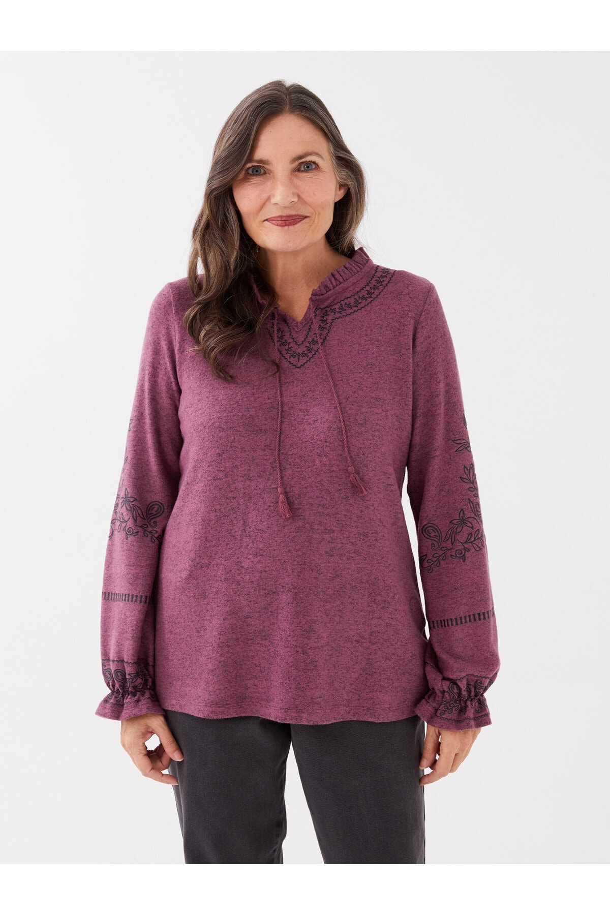 LC Waikiki Women's Pile Collar Embroidered Long Sleeve Blouse