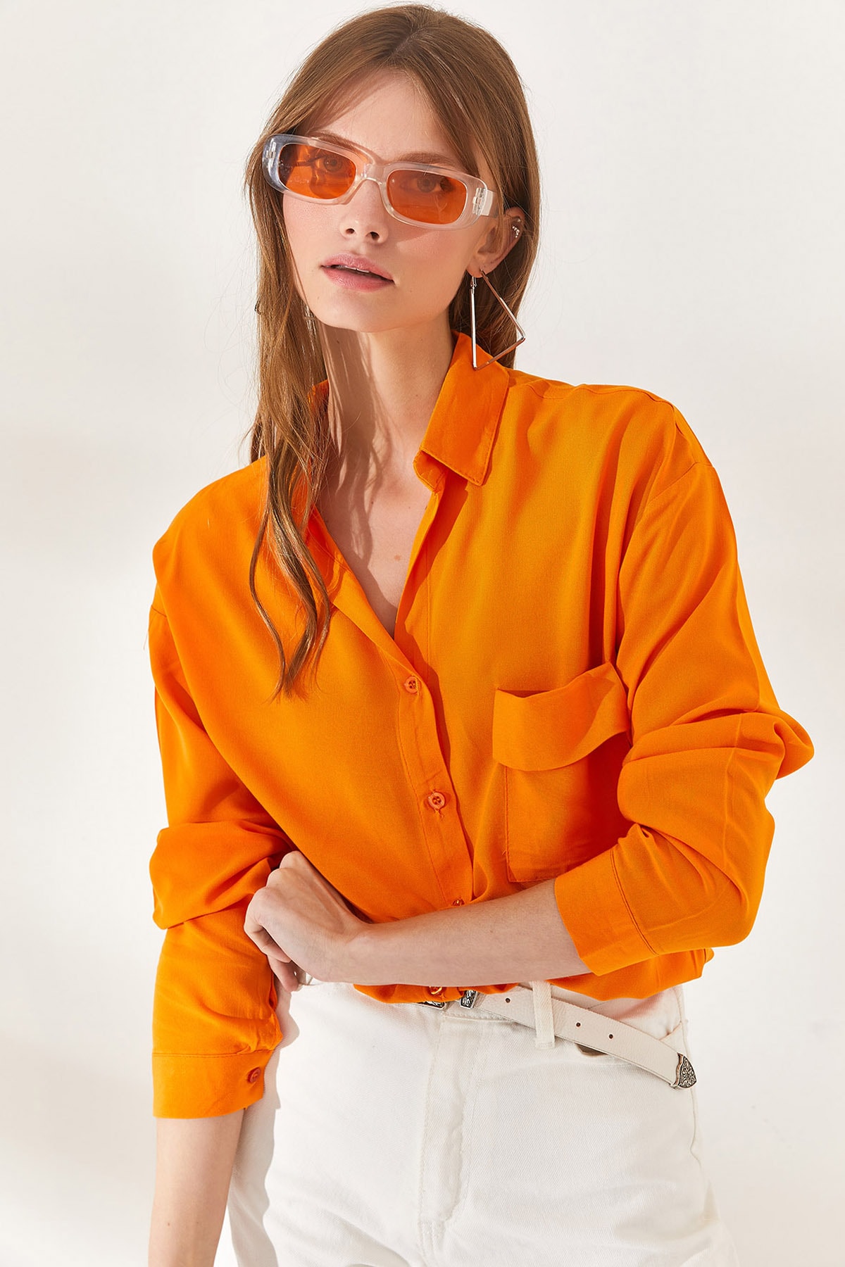 Levně Olalook Women's Orange One Pocket Woven Viscose Shirt
