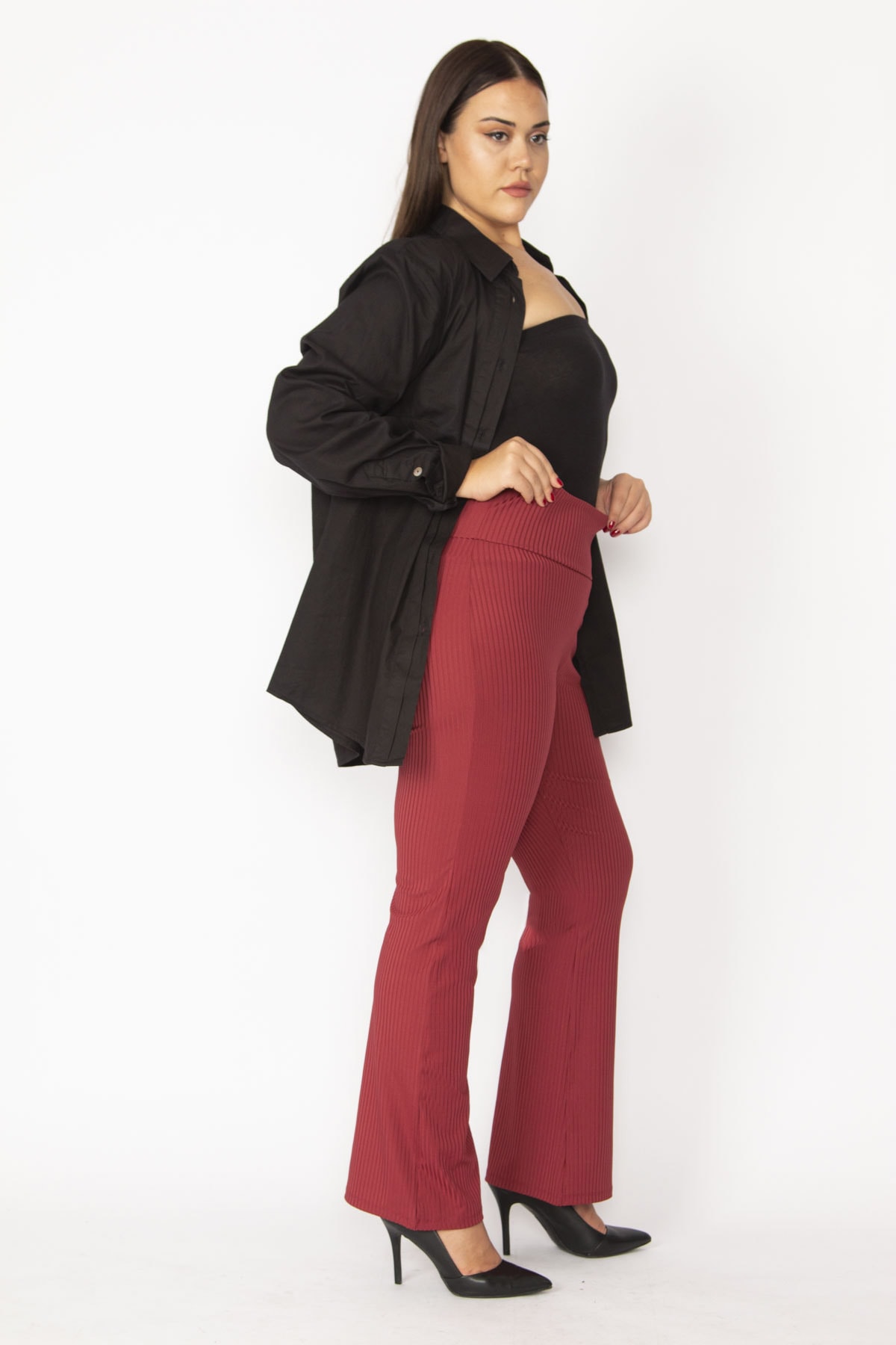 Levně Şans Women's Plus Size Claret Red Stripe Stretch Wide Leg Trousers