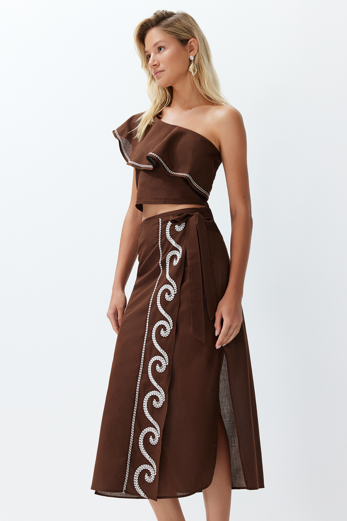 Trendyol Brown Woven Flounce Single Shoulder 100% Cotton Blouse Skirt Set