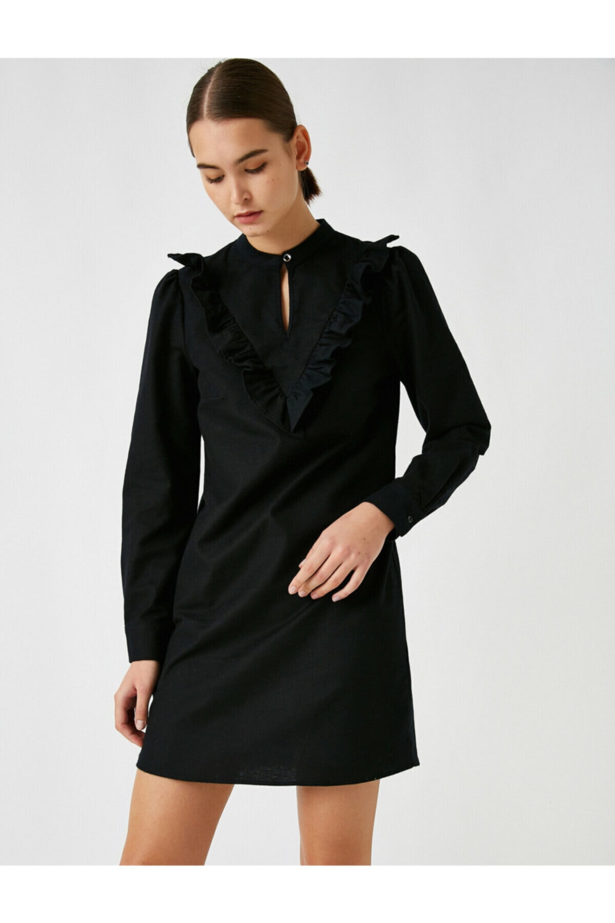 Levně Koton Dámské černé 100% bavlna s dlouhým rukávem knoflík u krku volán šaty