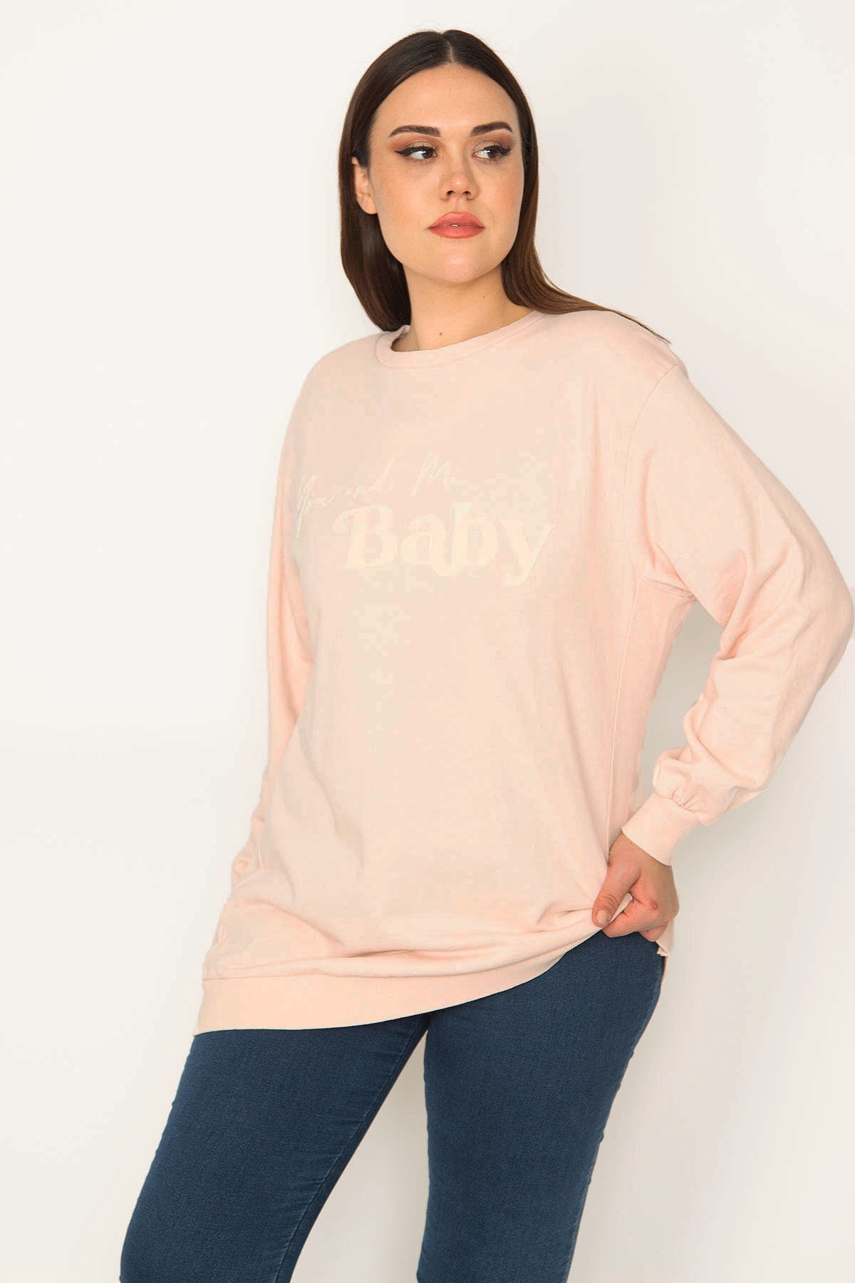 Levně Şans Women's Plus Size Pink Front Printed Sweatshirt
