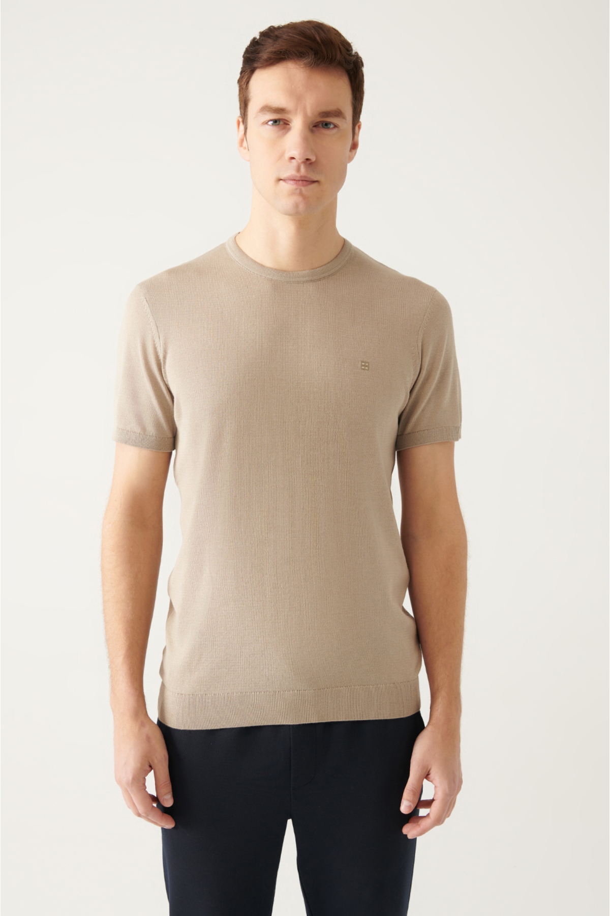 Avva Men's Mink Crew Neck Standard Fit Regular Cut Ribbed Knitwear T-shirt