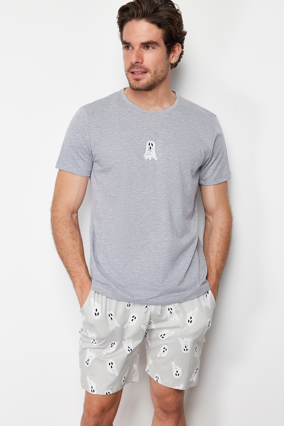 Levně Trendyol Gray Printed Regular Fit Knitted Pajamas Set