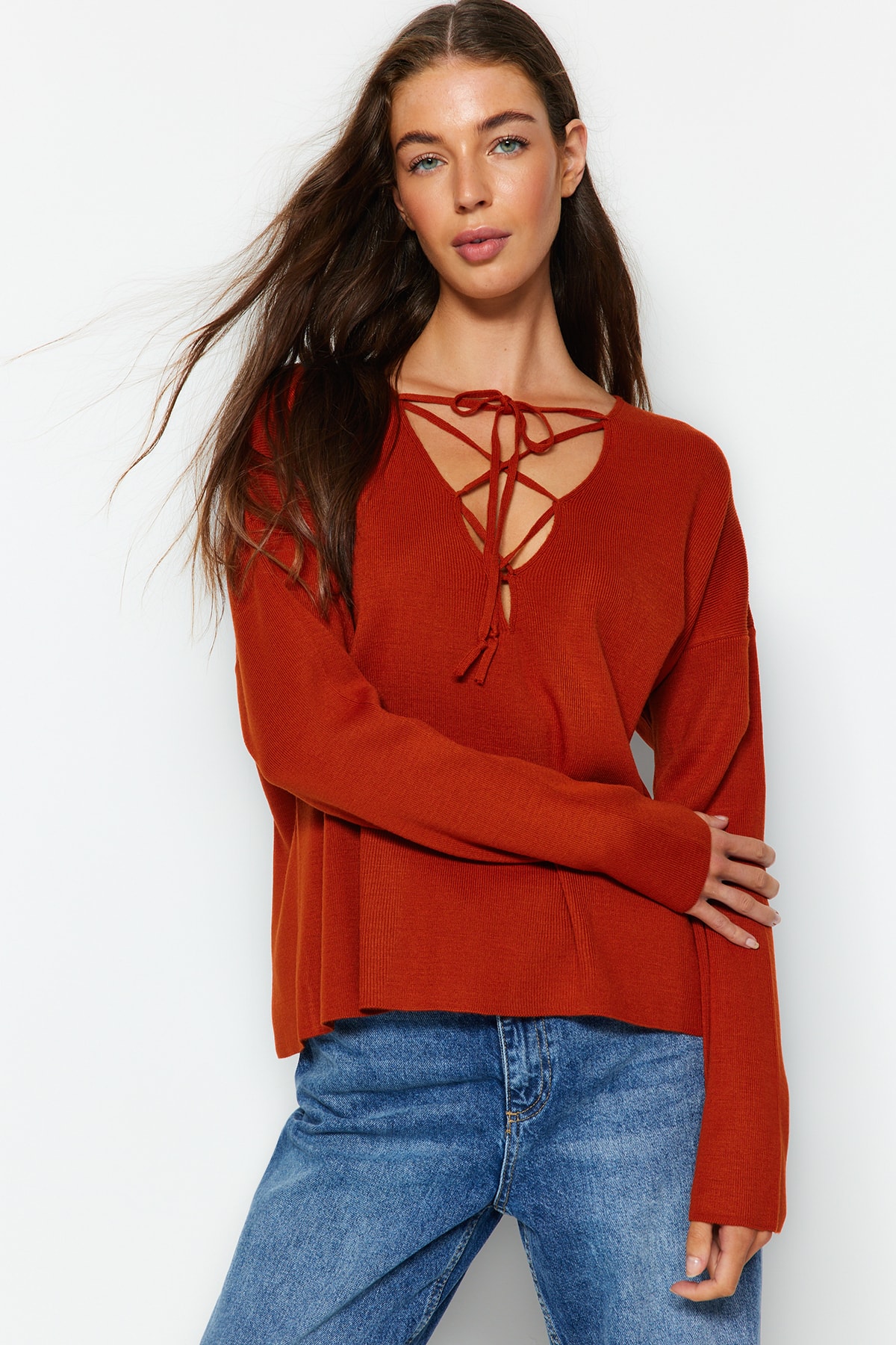 Trendyol Tile Lace Detailed Knitwear Sweater