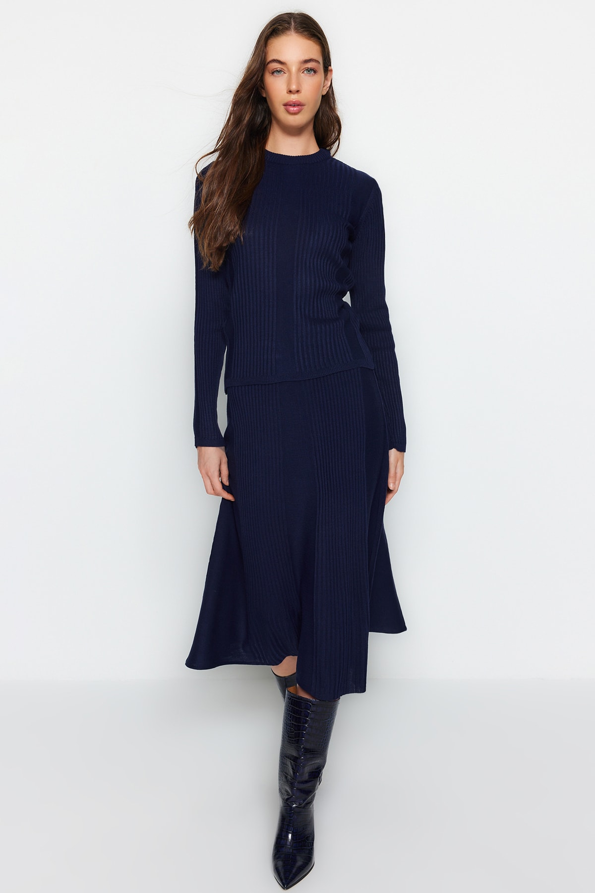 Trendyol Navy Blue Skirt Ribbed Knitwear Two Piece Set