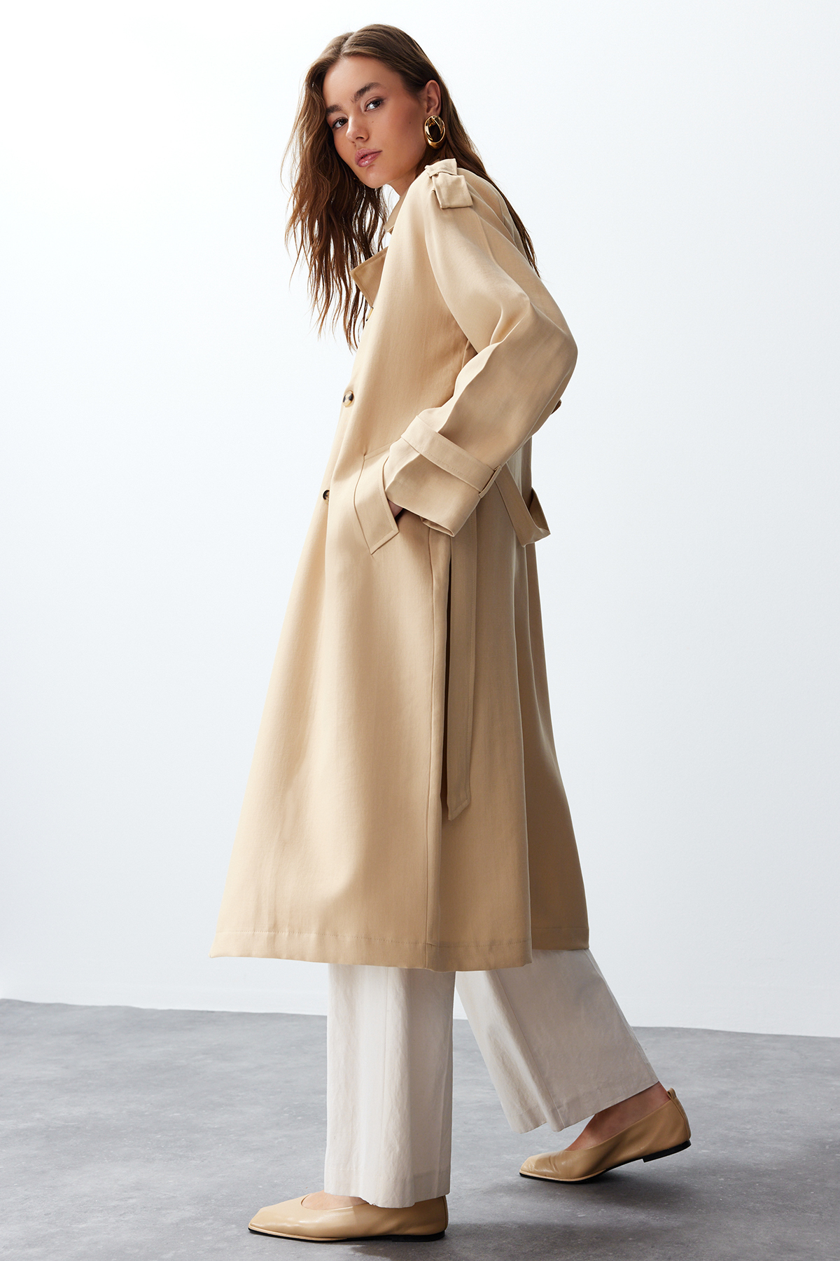 Trendyol Beige Oversize Wide Cut Soft Textured Long Trench Coat with Belt