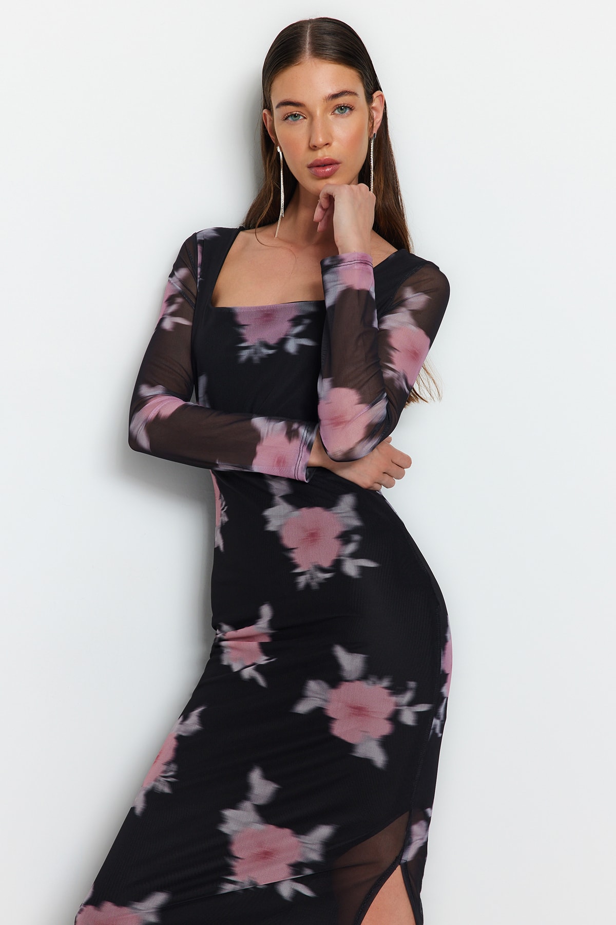 Trendyol Black Tulle Floral Fitted Square Collar Long Sleeve Maxi Stretch Knit Dress