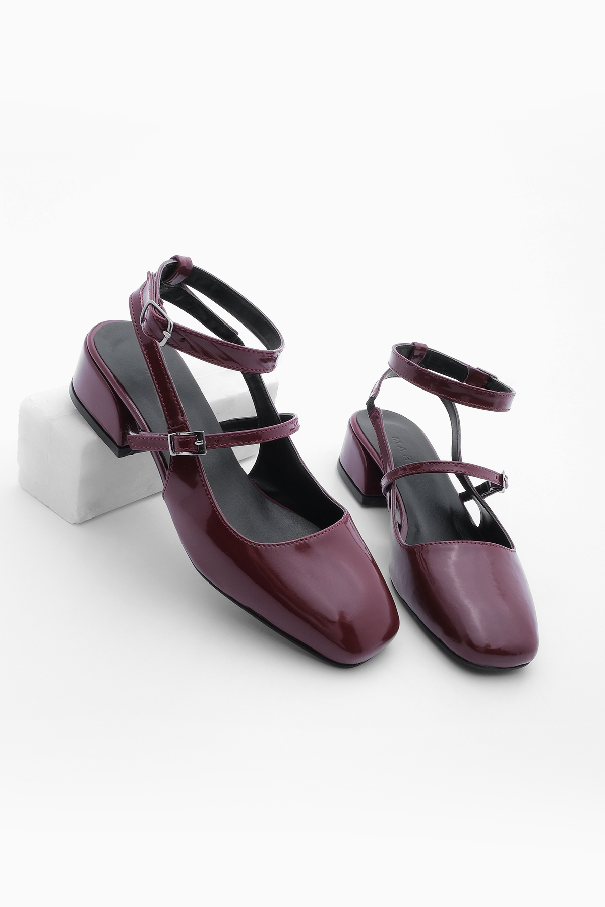 Marjin Women's Flat Toe Open Back Classic Heeled Shoes Hanse Burgundy Patent Leather