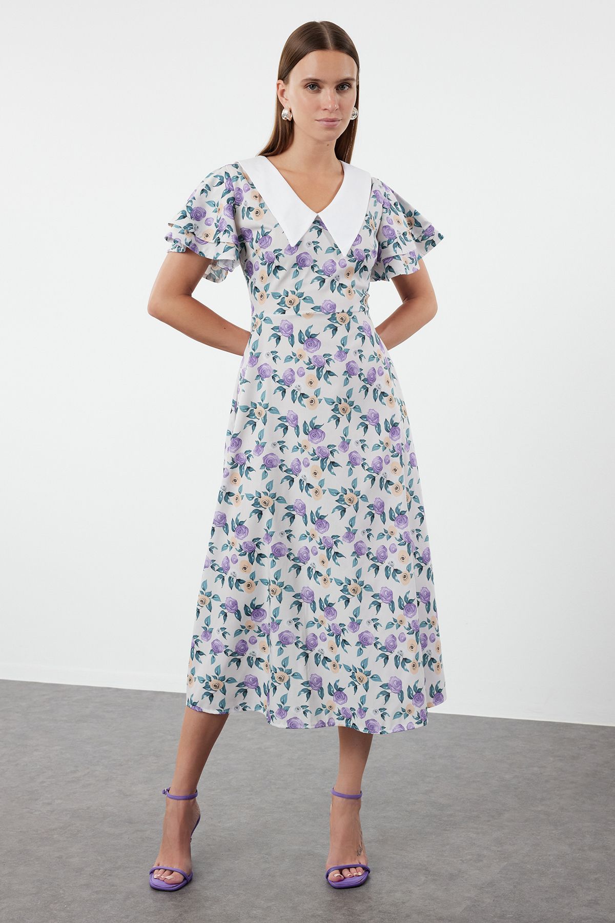 Trendyol Purple Floral Patterned Collar Detailed Midi Woven Dress