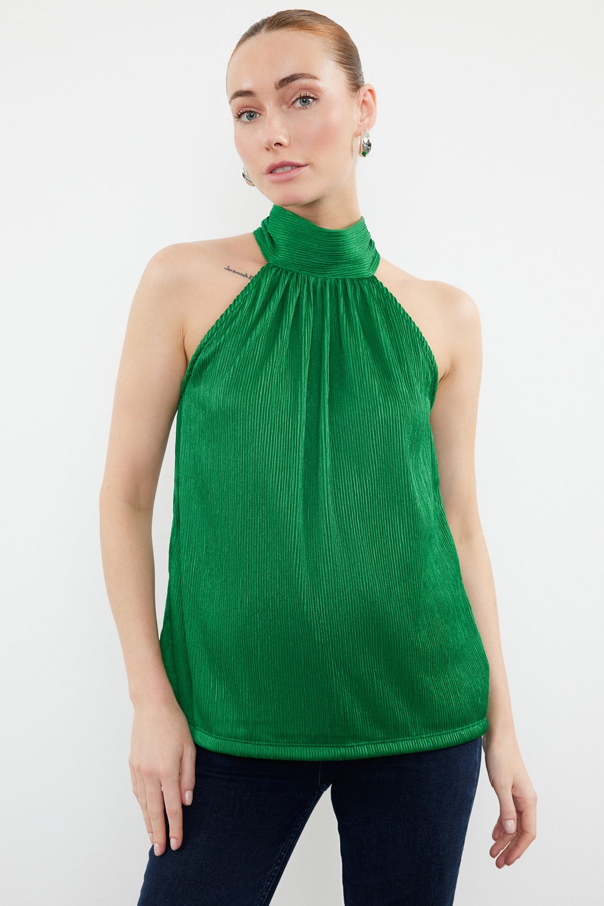 Trendyol Green High Collar Regular/Normal Pattern Pleated Knitted Blouse