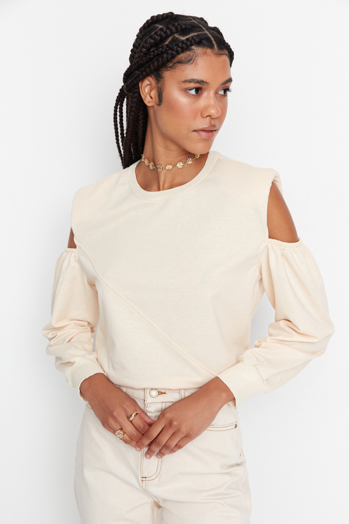 Trendyol Stone Cut Out Detailed Padded Thin Basic Knitted Sweatshirt