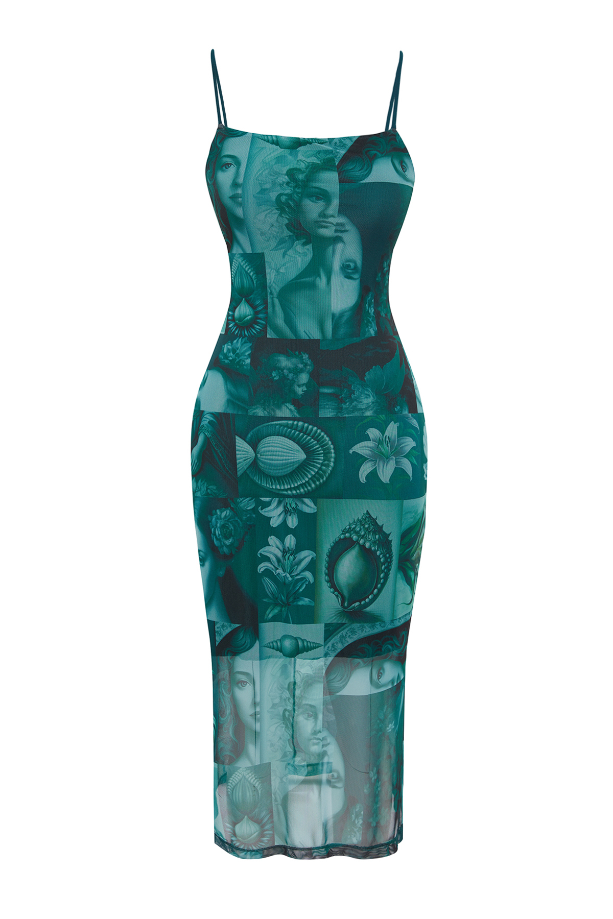 Trendyol Emerald Green Strap Fitted Square Neck Tulle Stretchy Knitted Midi Pencil Dress