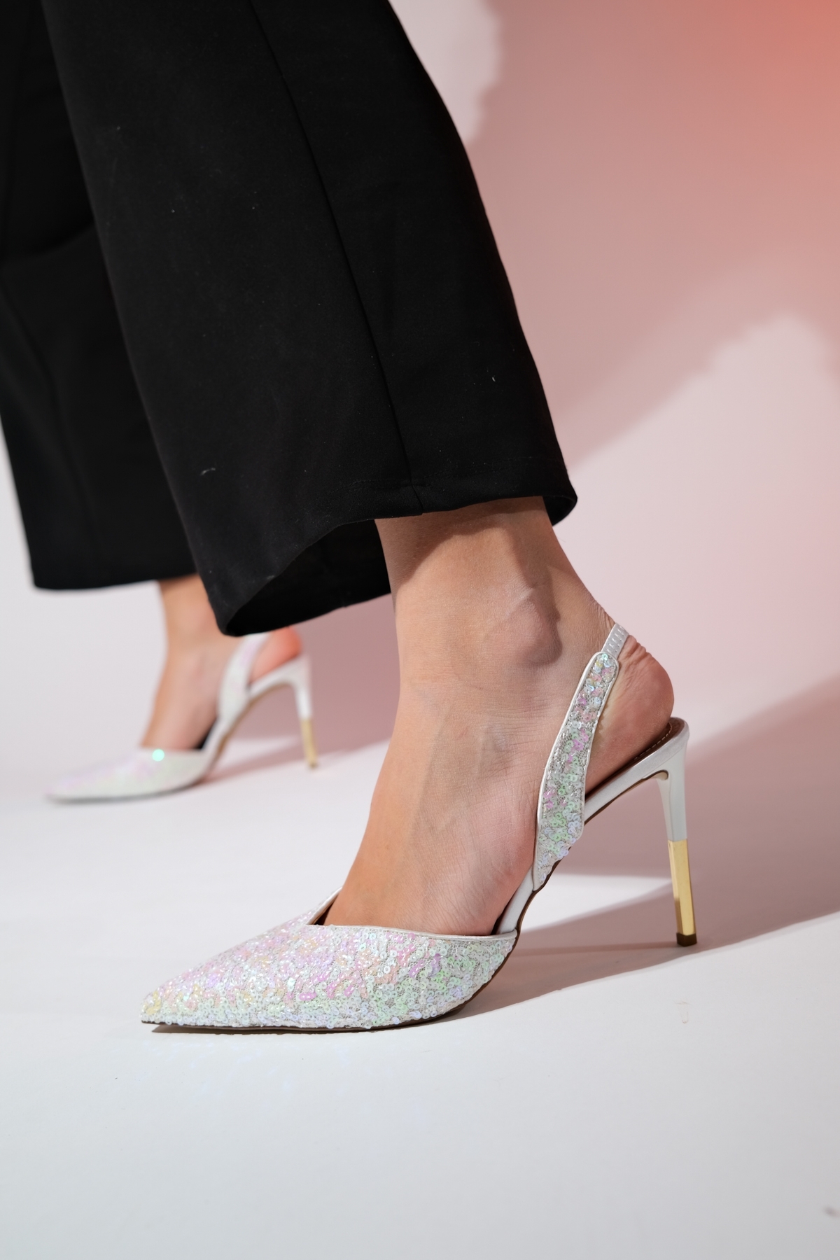 Levně LuviShoes OVERAS Mother of Pearl Sequined Pointed Toe Women's Thin Heeled Evening Shoes