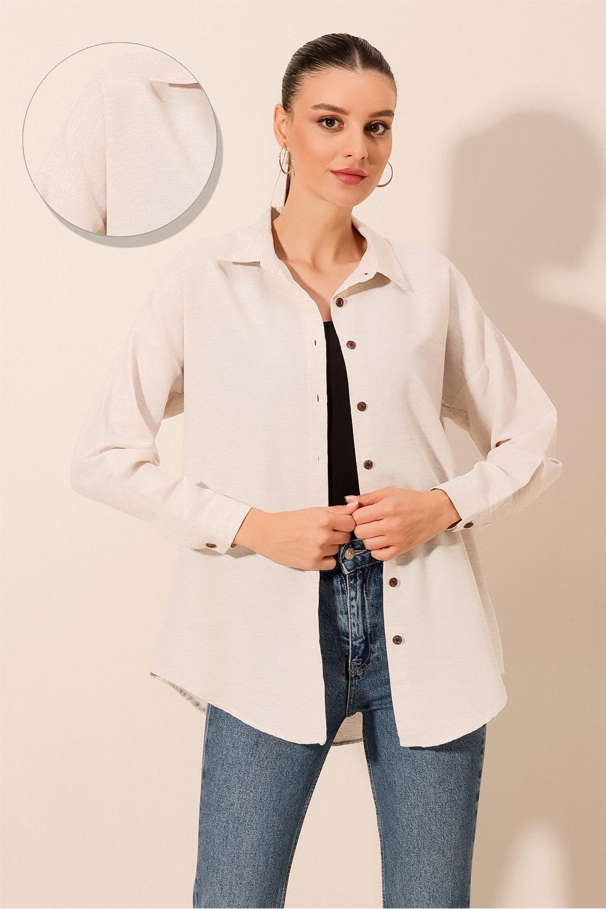 Levně Bigdart 20203 Oversize Basic Linen Shirt - Cream
