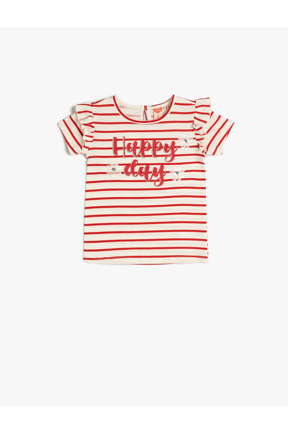 Levně Koton Striped T-Shirt Short Sleeve Cotton T-Shirt With Ruffle Sequins Embroidered