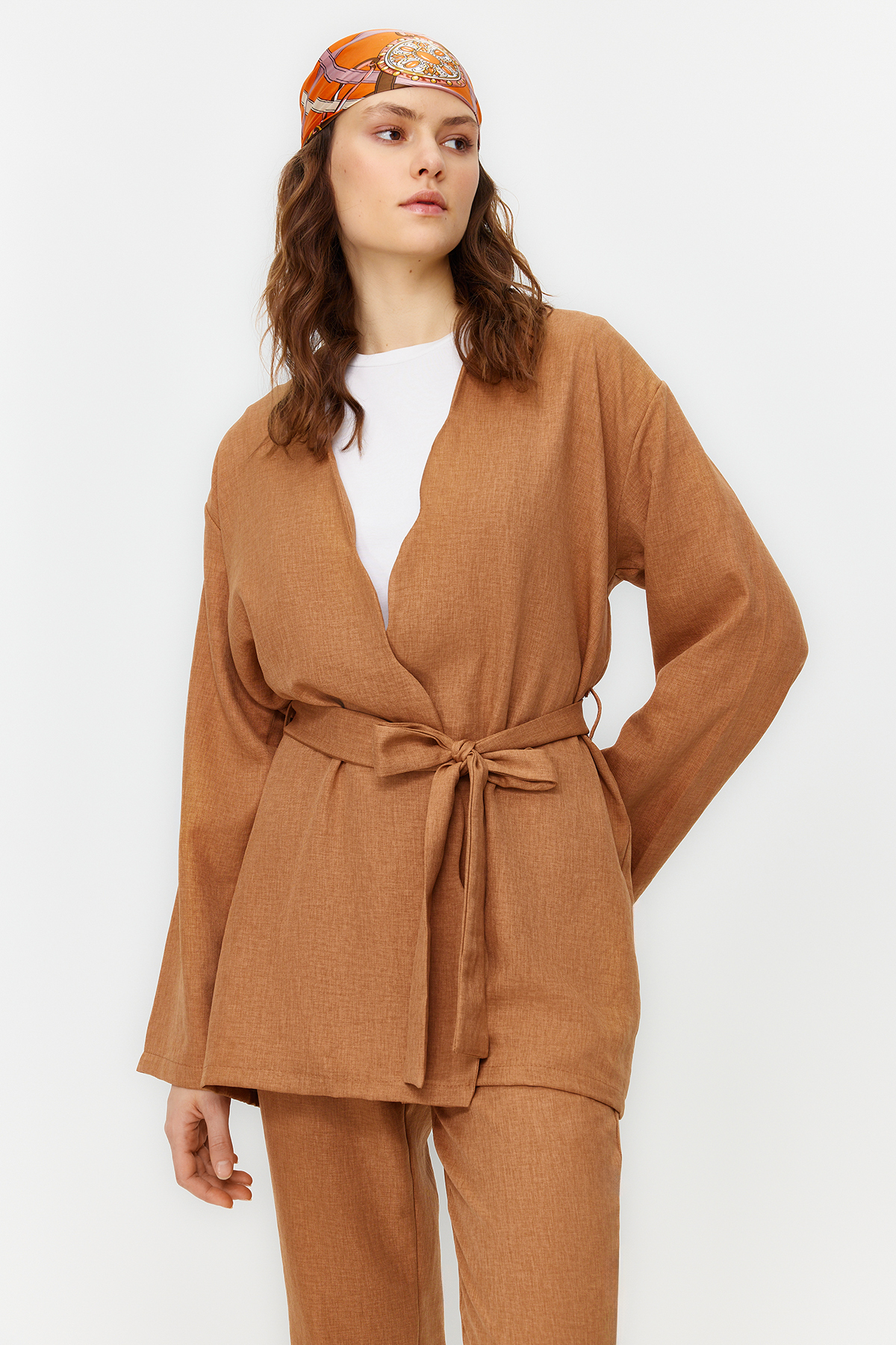 Levně Trendyol Camel Belted Linen Look Kimono Trousers Woven Top and Bottom Set