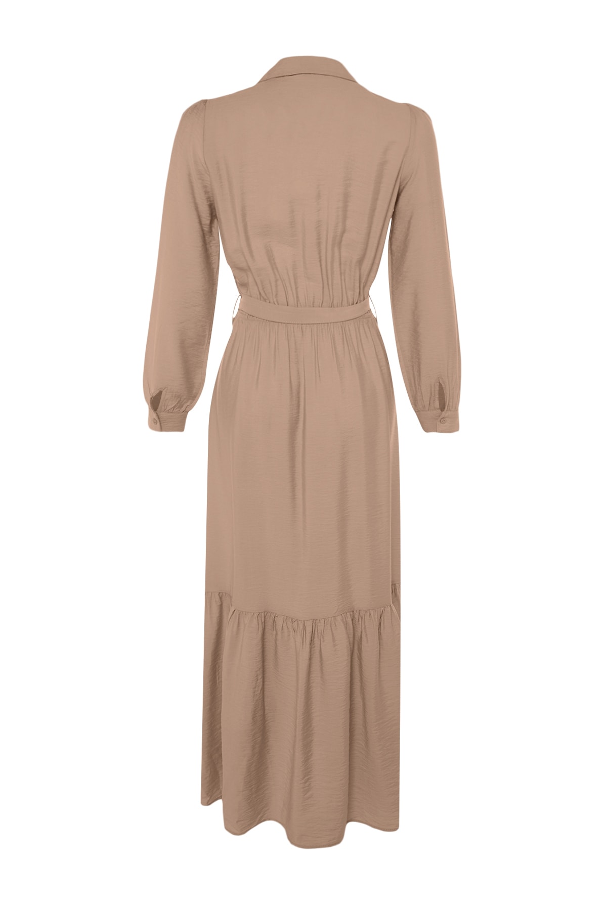 Trendyol Mink Belted Shoulder Detailed Flounce Skirt Buttoned Woven Shirt Dress