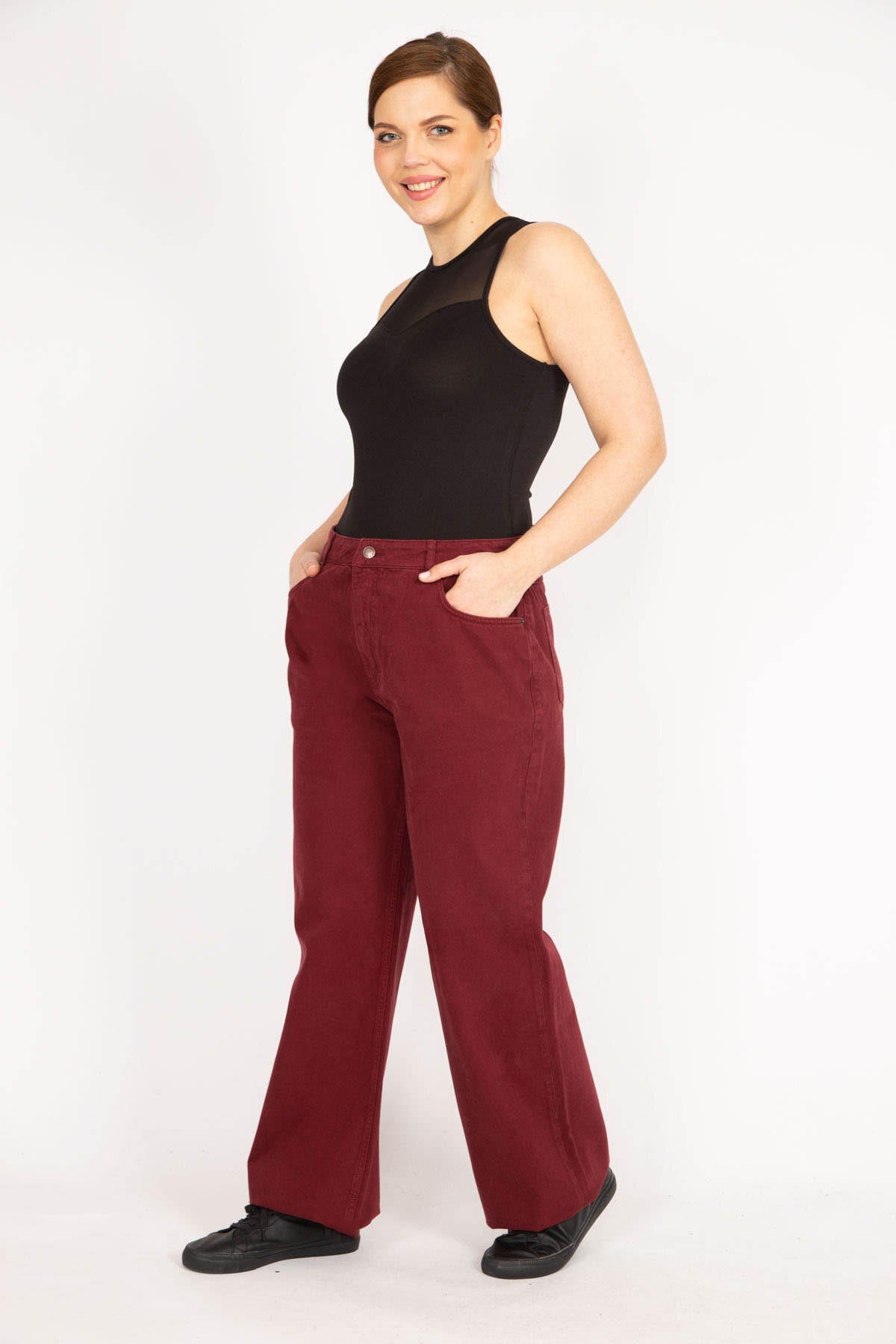 Levně Şans Women's Claret Red Large Size 5 Pocket Jeans