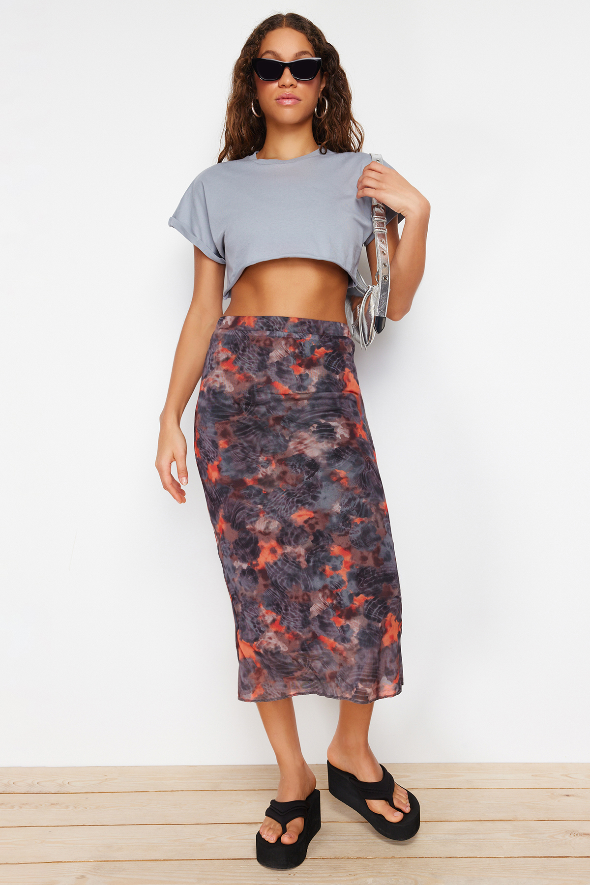 Levně Trendyol Anthracite High Waist Printed Midi Stretchy Lined Tulle Knitted Skirt